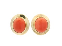 Classic Yellow Gold 11.8x9.7mm Oval Cabochon Salmon Coral Button Stud Earrings