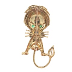Classic Yellow Gold Diamond Sapphire & Emerald Whimsical Lion Cat Pin Brooch