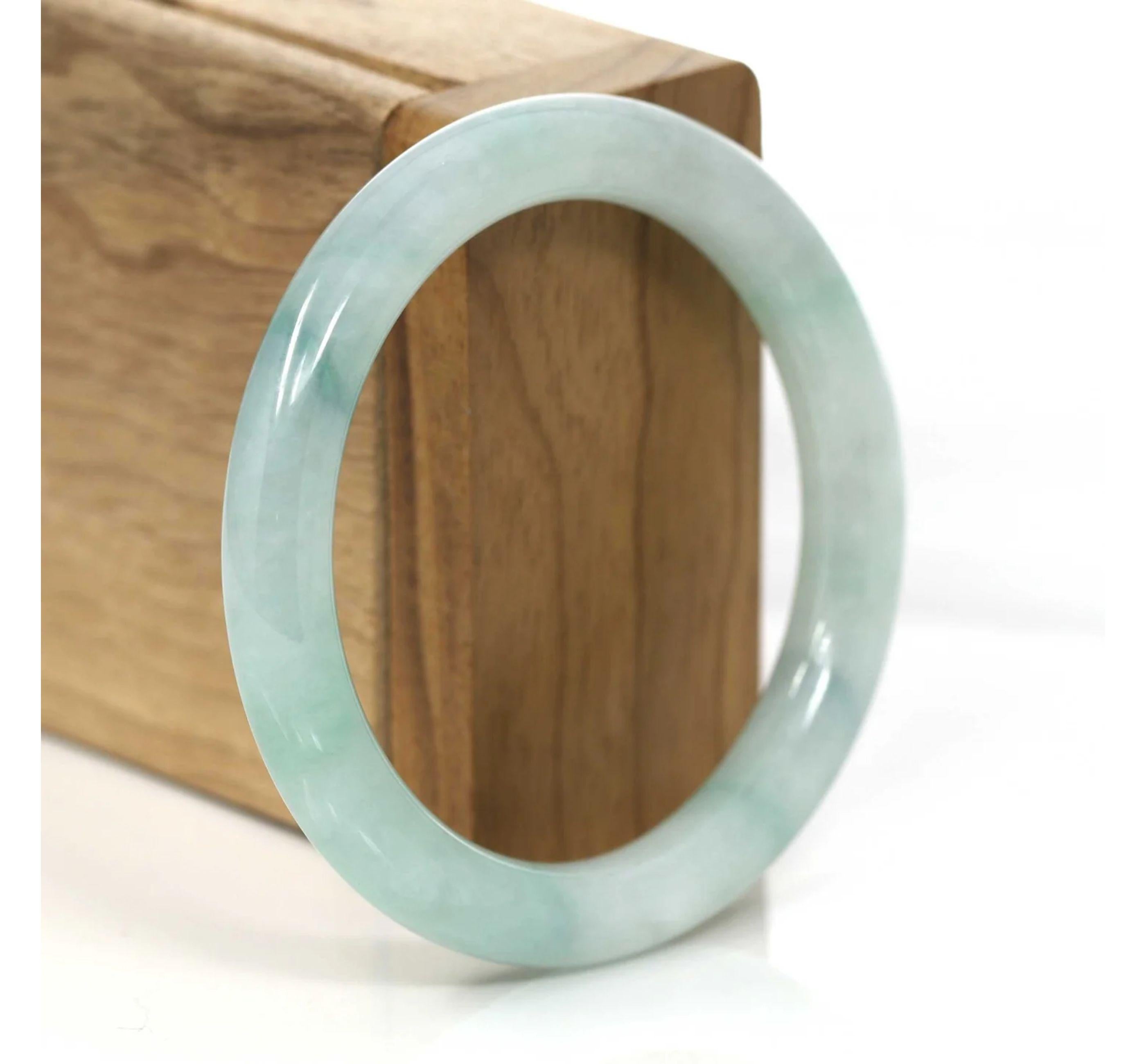 * DETAILS--- Genuine Burmese Jadeite Jade Bangle Bracelet. This bangle is made with genuine Burmese Jadeite jade, The jade texture is very smooth and translucent with green color inside. The green color looks very nice with ice texture. It's a very