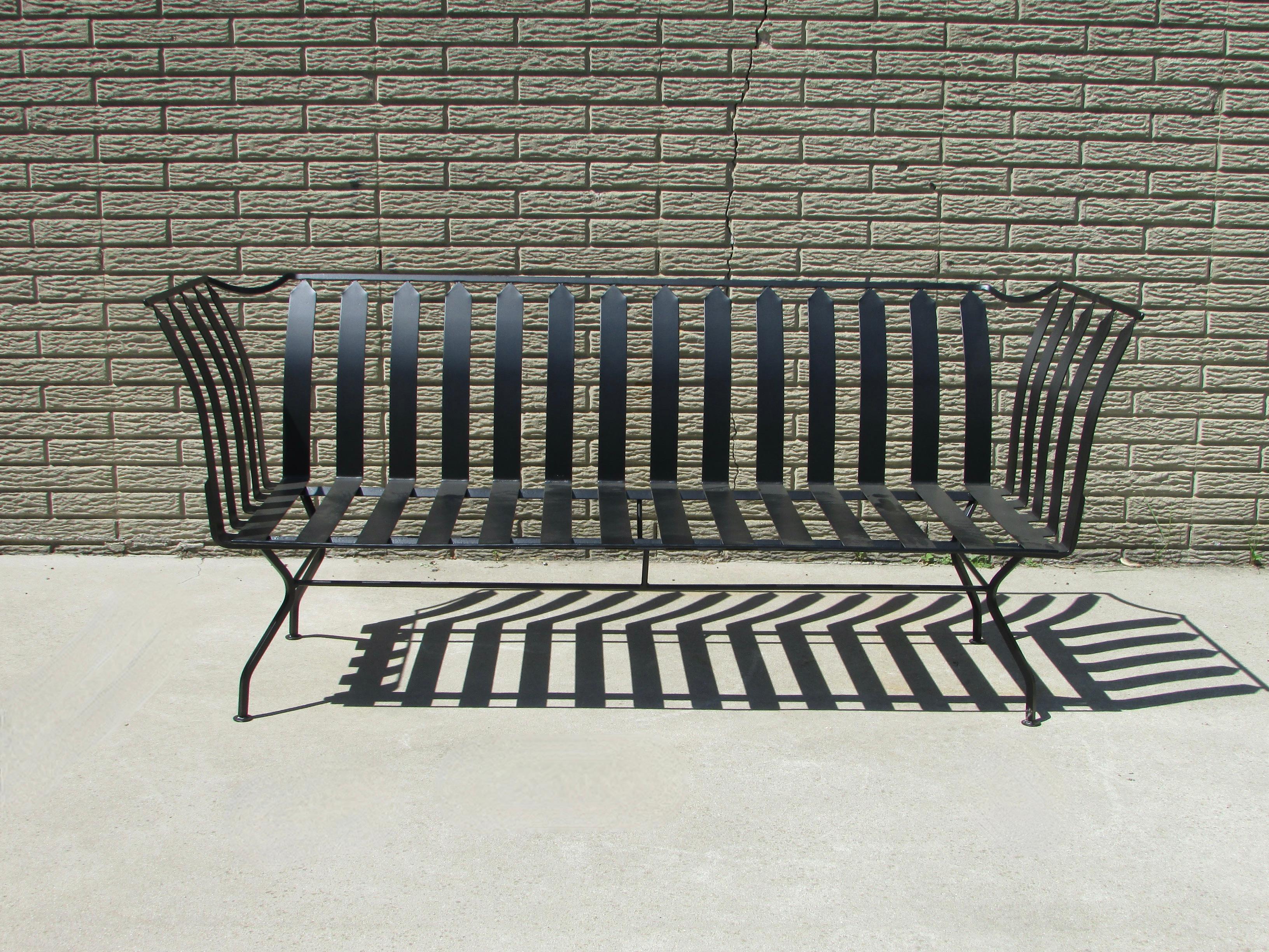 Classic influenced Modernist Wrought Iron Garden Bench in Matte Black Finish 7