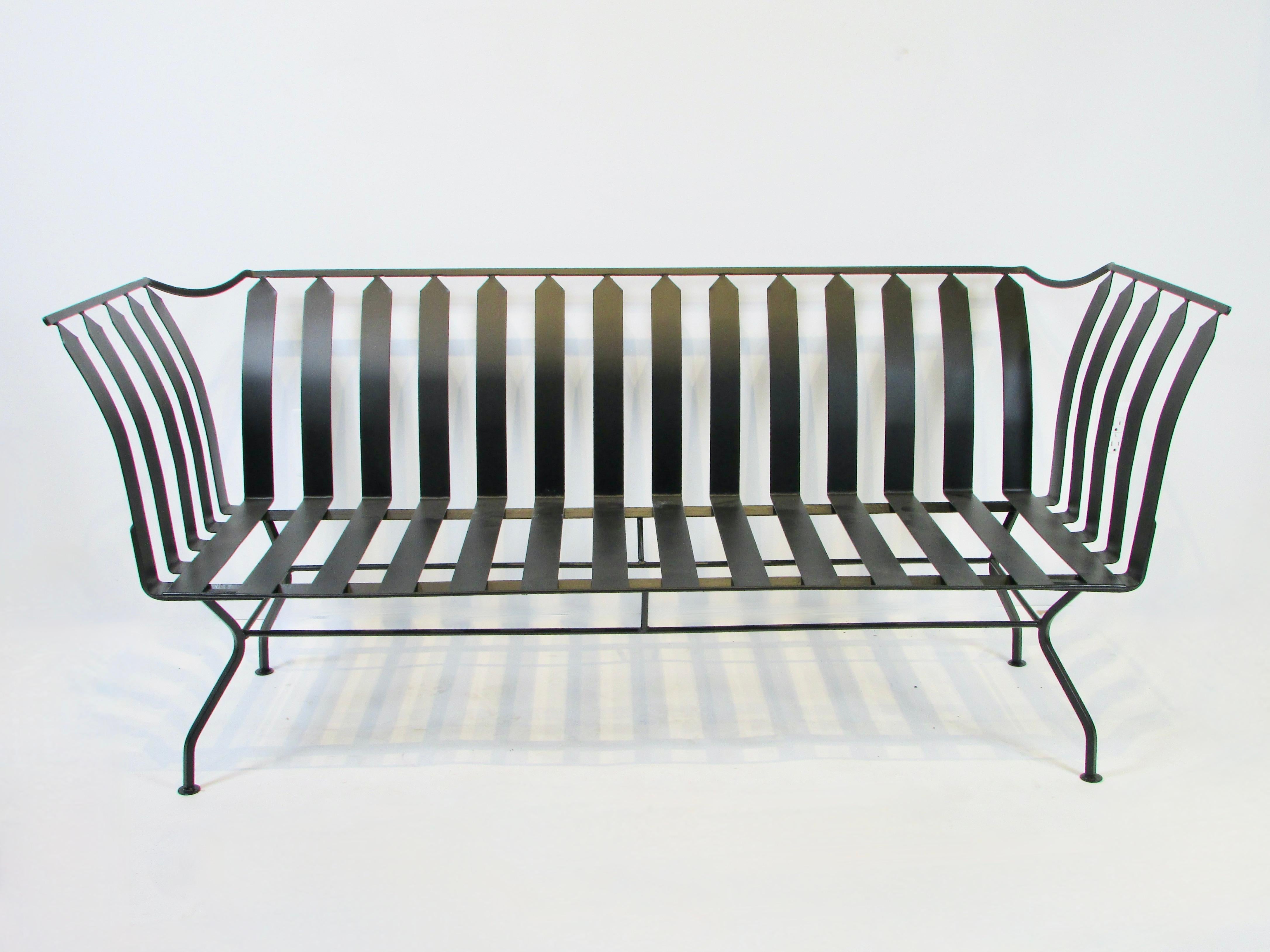 American Classic influenced Modernist Wrought Iron Garden Bench in Matte Black Finish