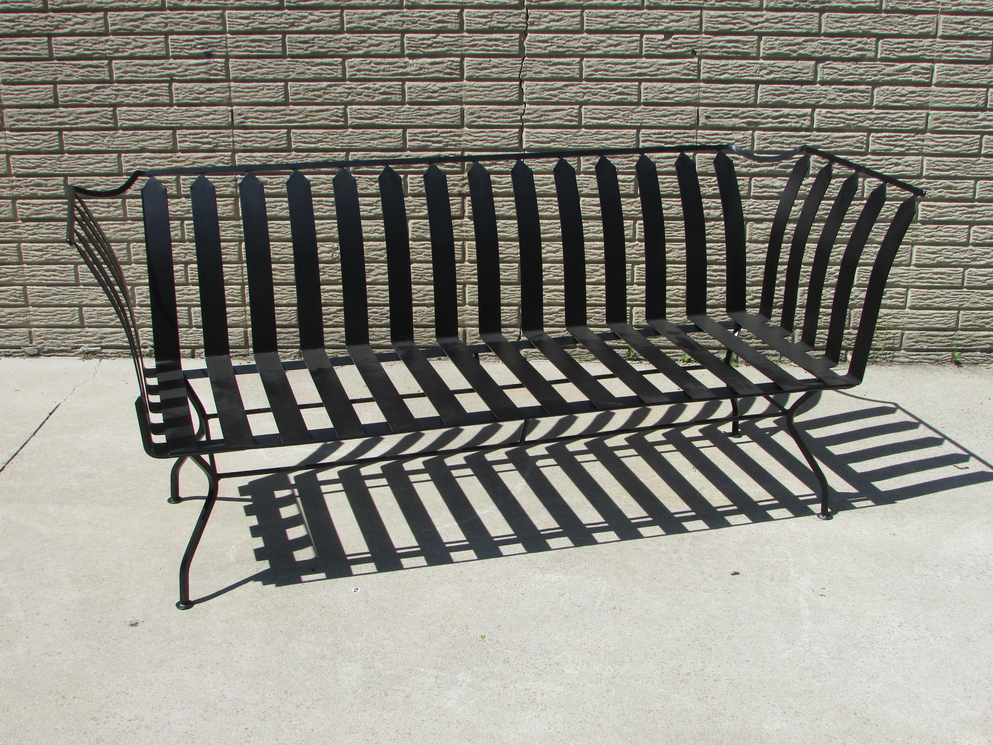 Powder-Coated Classic influenced Modernist Wrought Iron Garden Bench in Matte Black Finish
