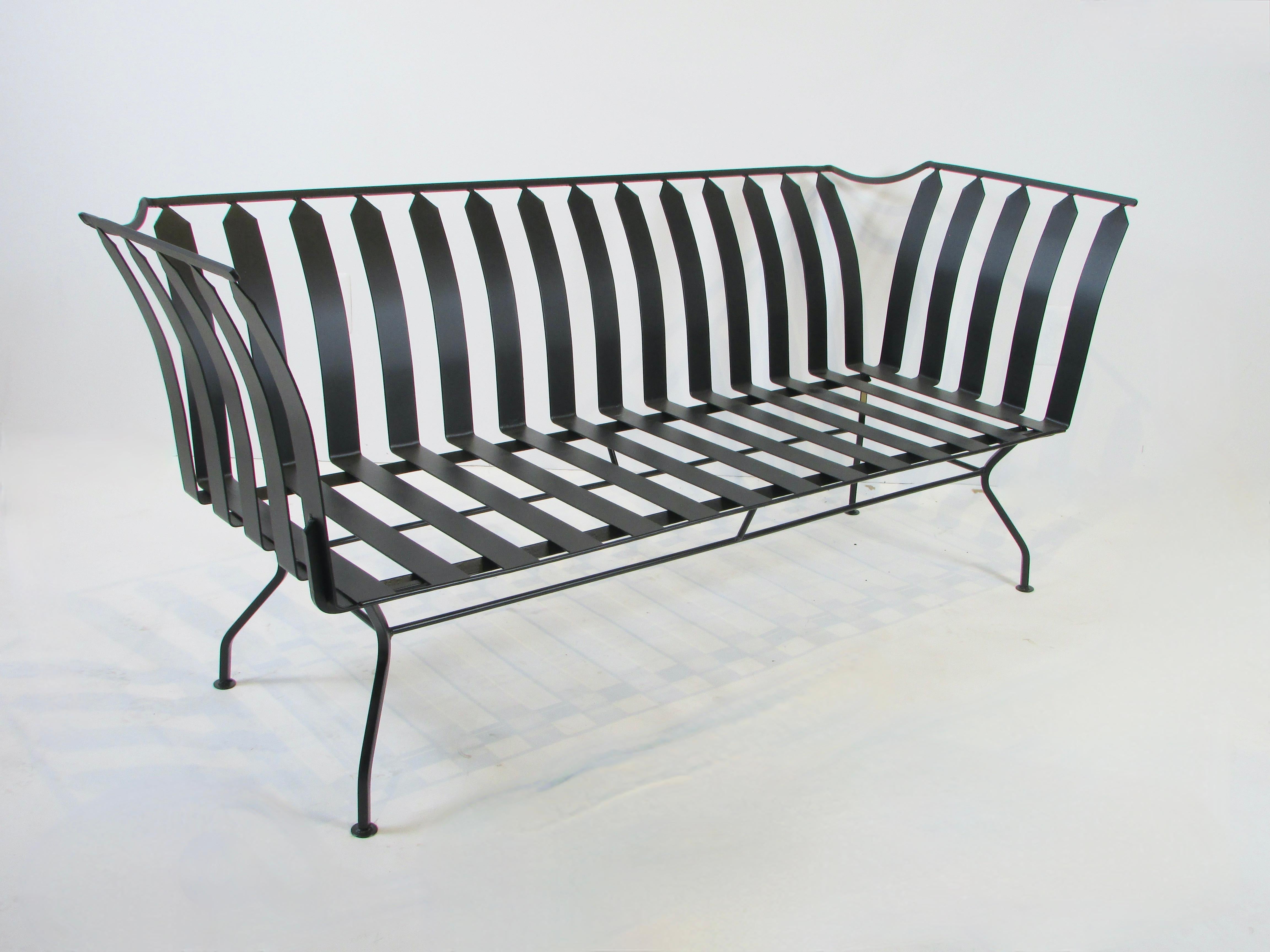 20th Century Classic influenced Modernist Wrought Iron Garden Bench in Matte Black Finish