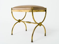 Classical 1940s Brass Bench With Leather Top