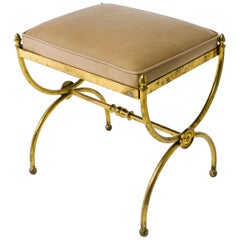 Classical 1940s Brass Bench With Leather Top