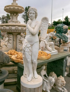 Classical 1980s Spanish Hand Carved Carrara White Marble Winged Woman Sculpture