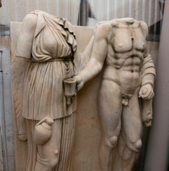 Classical 1990s Spanish Aged Carrara White Marble Headless Roman Couple Statue