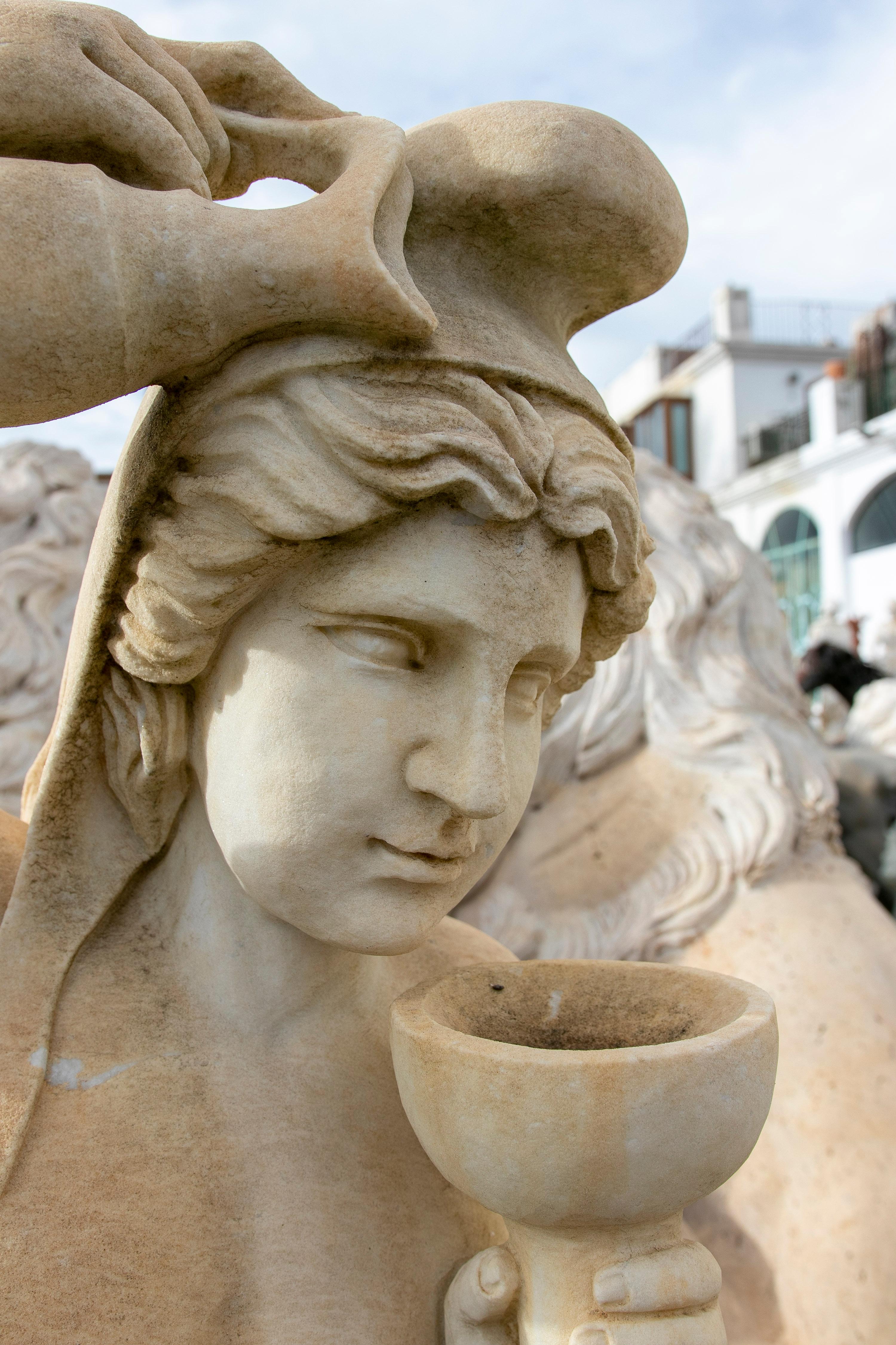 Intagliato a mano Classical 1990s Aged Macael White Sculpture of Dionysus God of Wine in vendita