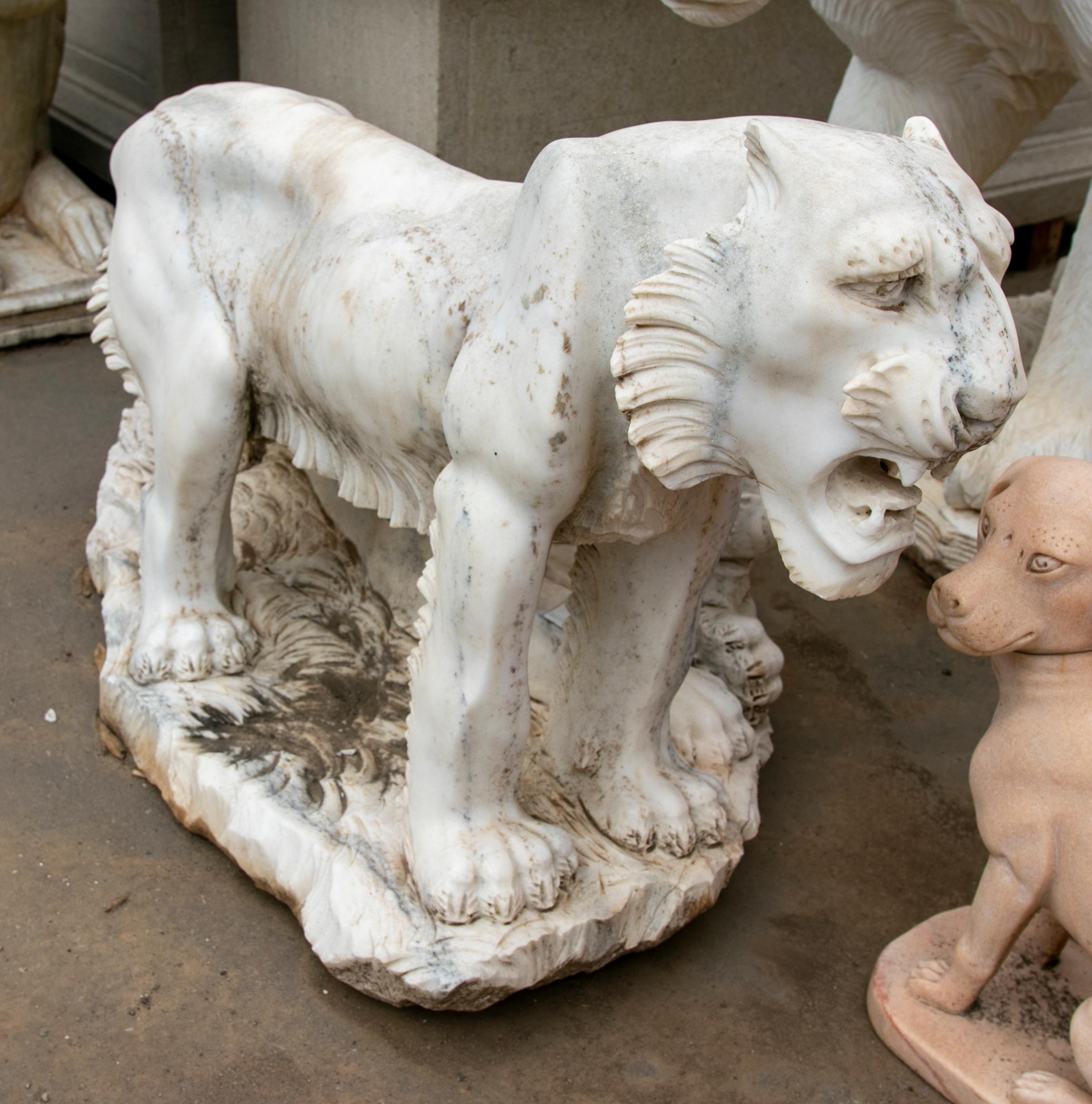 Klassische spanische handgeschnitzte Macael-Skulptur aus weißem Marmor aus den 1990er Jahren mit zwei Tigern, einer liegend, der andere stehend.