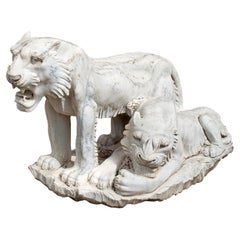 Classical 1990s Spanish Hand Carved Macael White Marble Sculpture of Two Tigers