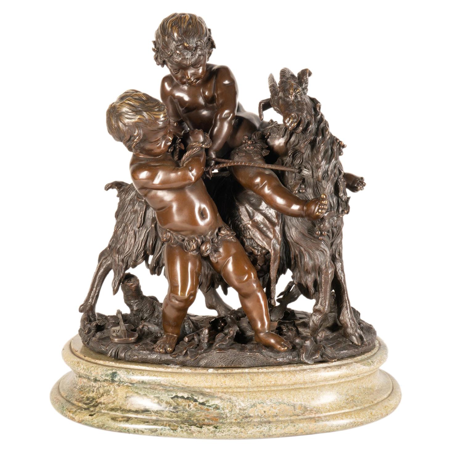 Classical 19th Century Bronze Group of Children Playing with Goat