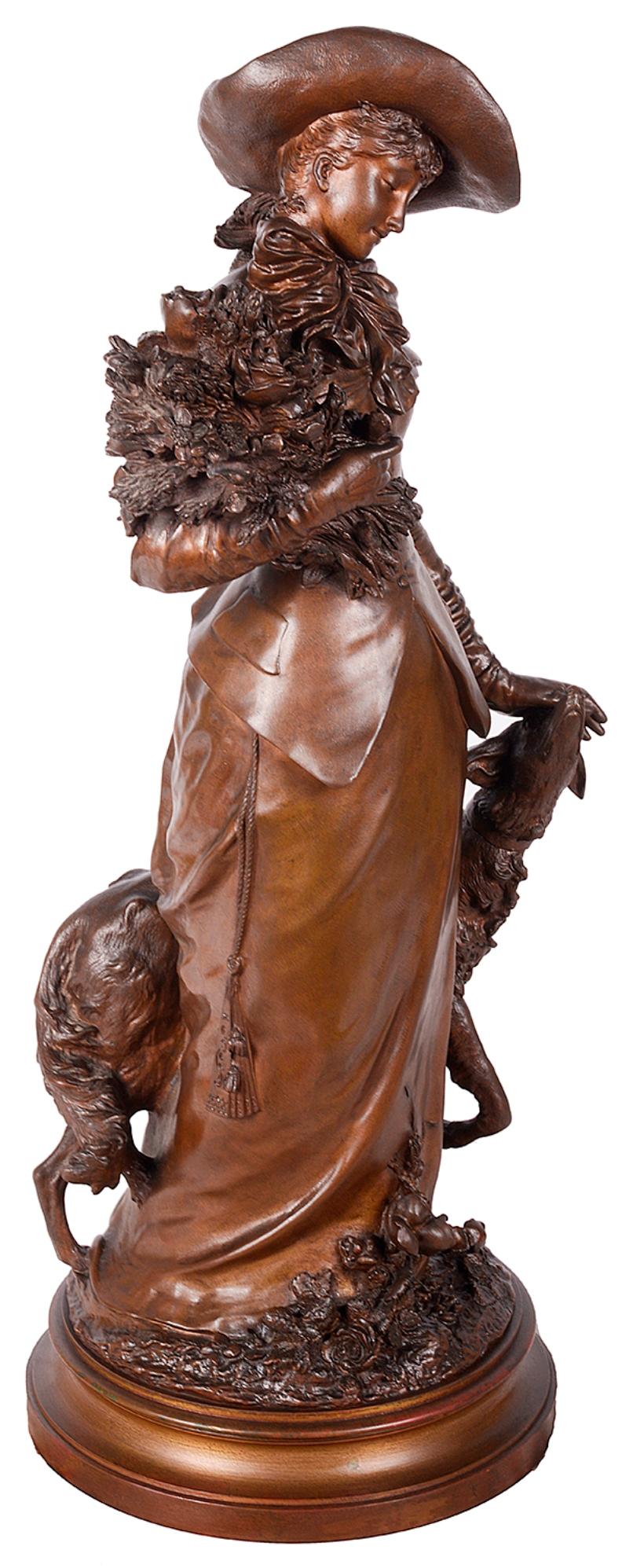 Romantic Classical 19th Century Bronze Lady and Borzoi Hound, Signed Gaudez