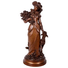Classical 19th Century Bronze Lady and Borzoi Hound, Signed Gaudez