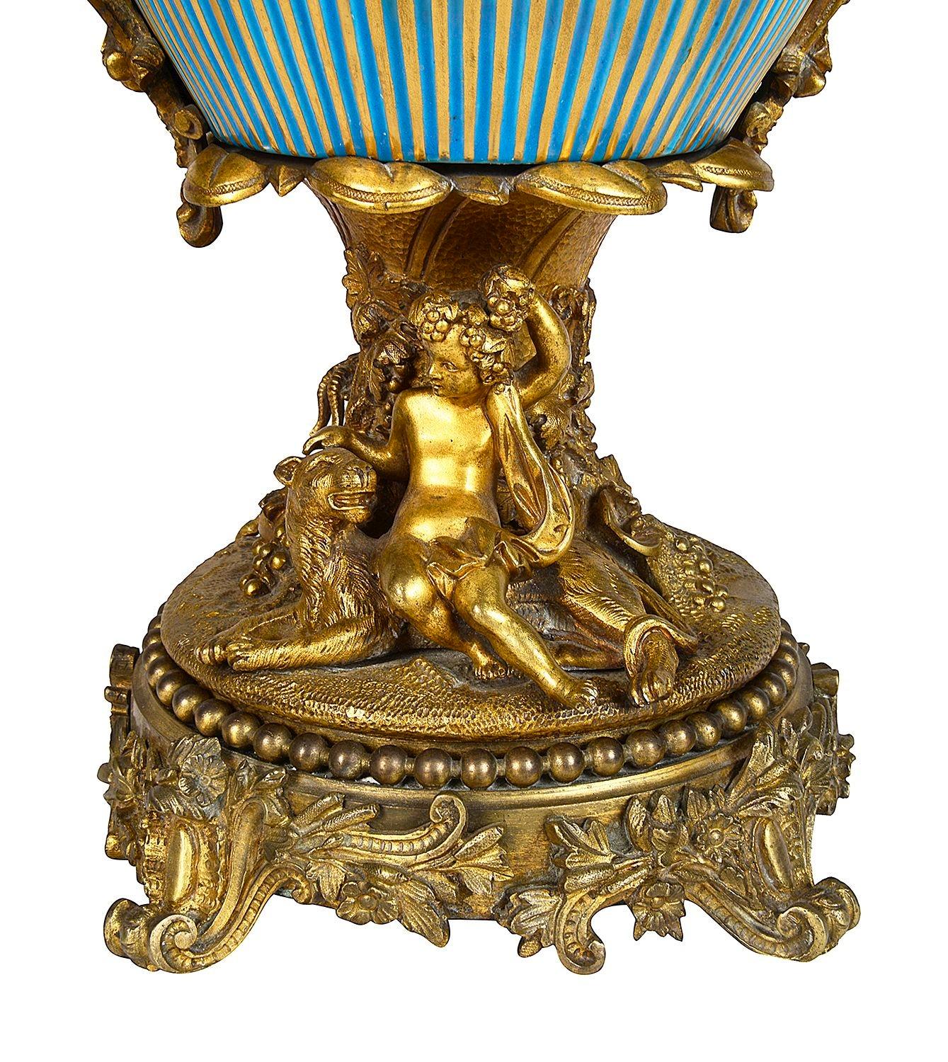 Porcelain Classical 19th Century French Majolica porcelain and ormolu urn. For Sale