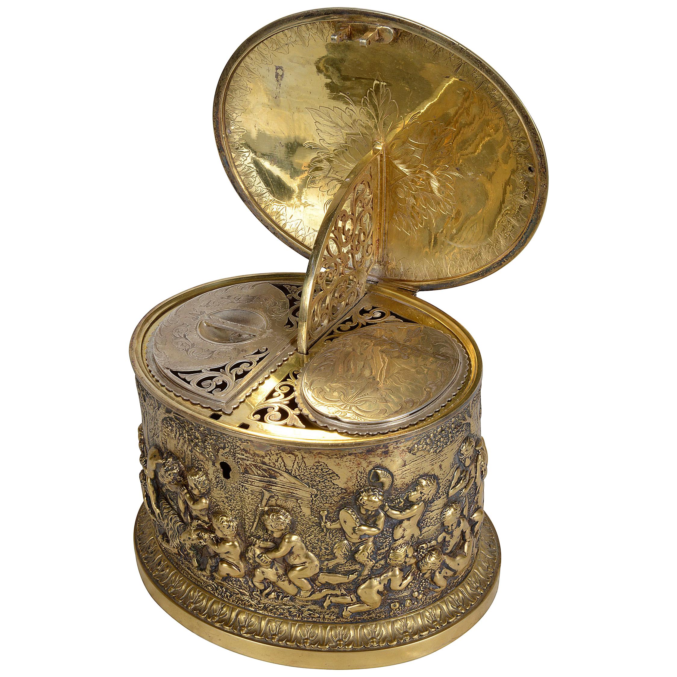 Classical 19th Century Gilded Ormolu Embossed Tea Caddy For Sale