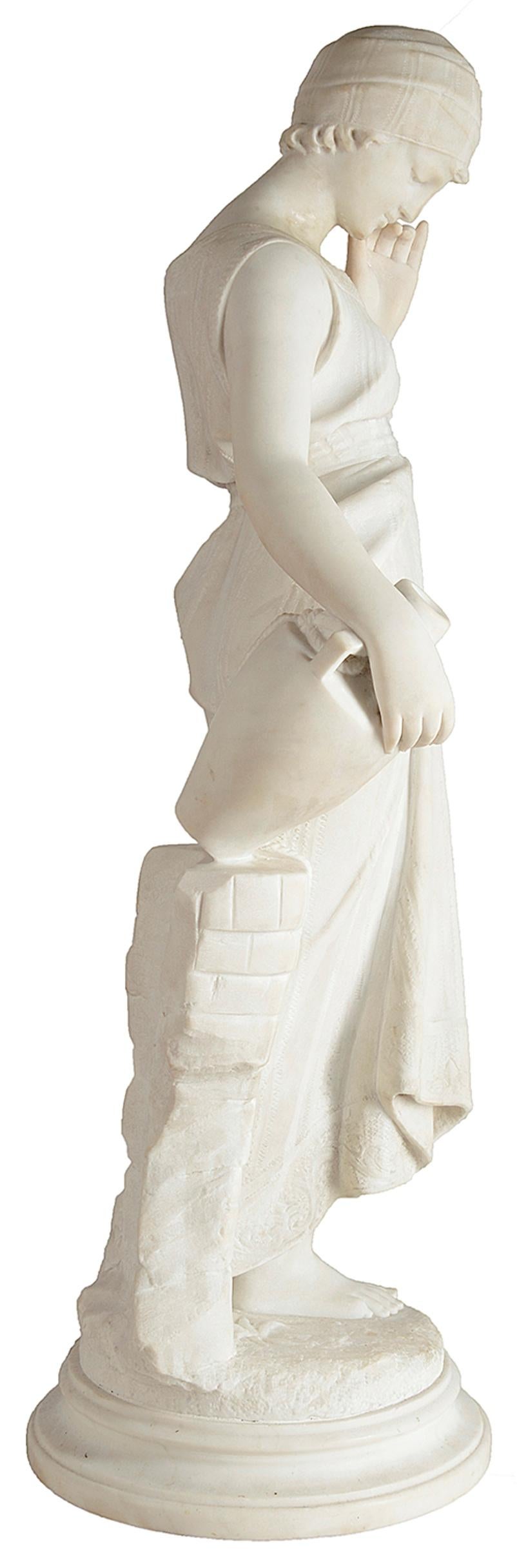 Carved Classical 19th Century Marble Statue of Maiden Holding a Water Jug