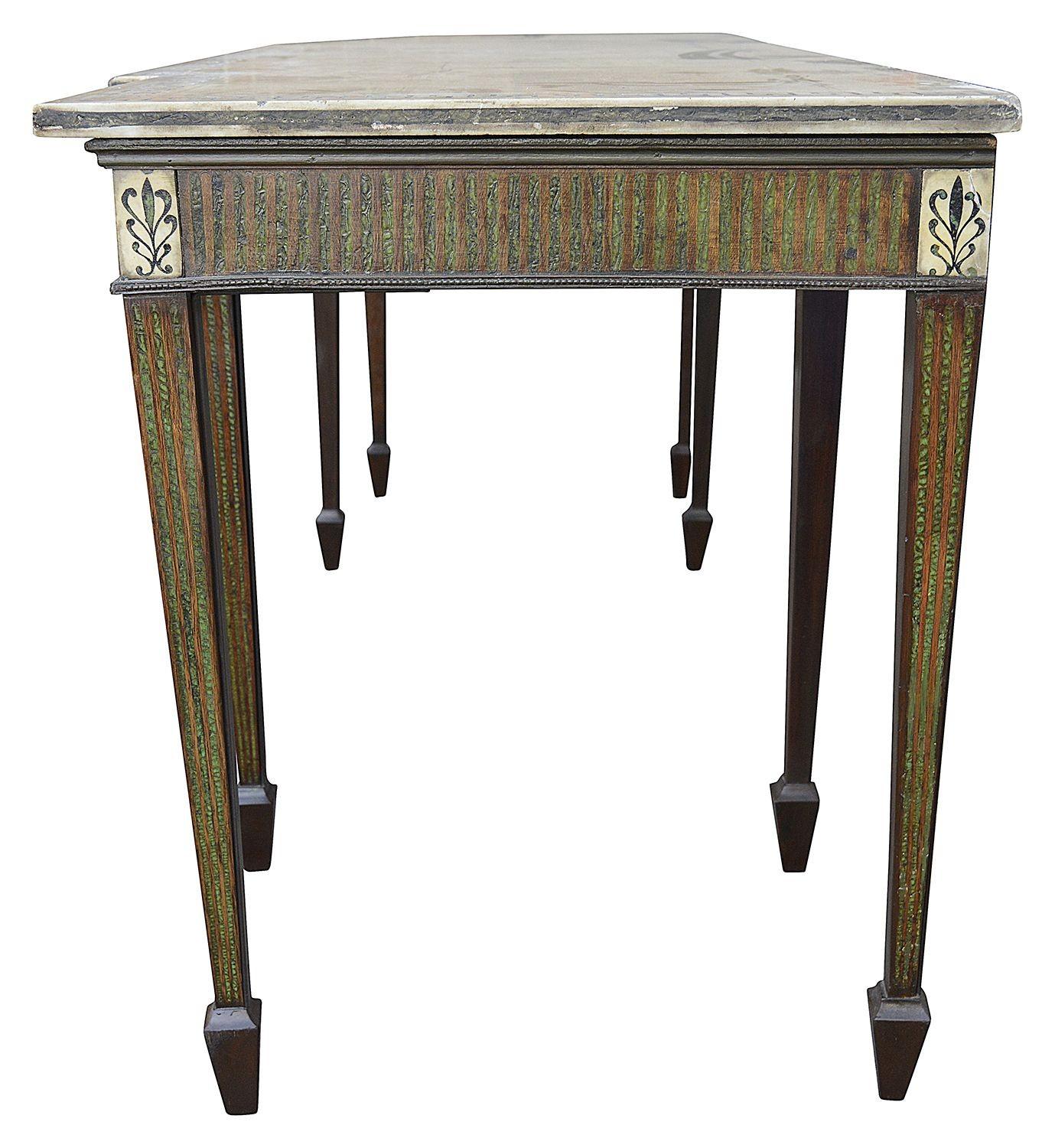 An impressive 19th century classical influenced marble topped console table, having inlaid Greek Key pattern to the break fronted top. Inlaid faux Malachite fluting to the freeze, an urn to the central tablet and raised on square tapering inlaid