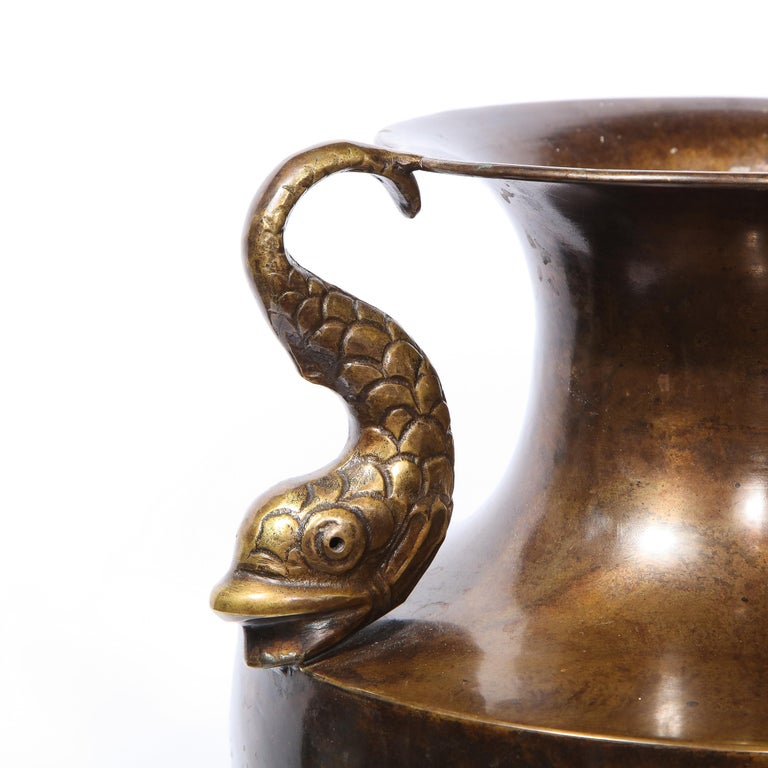 Classical 19th Swedish Urn Form Bronze Vase with Sea Dolphin Handles