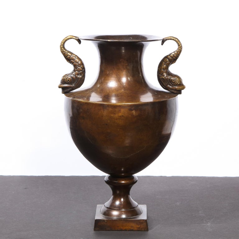 Classical 19th Swedish Urn Form Bronze Vase with Sea Dolphin Handles