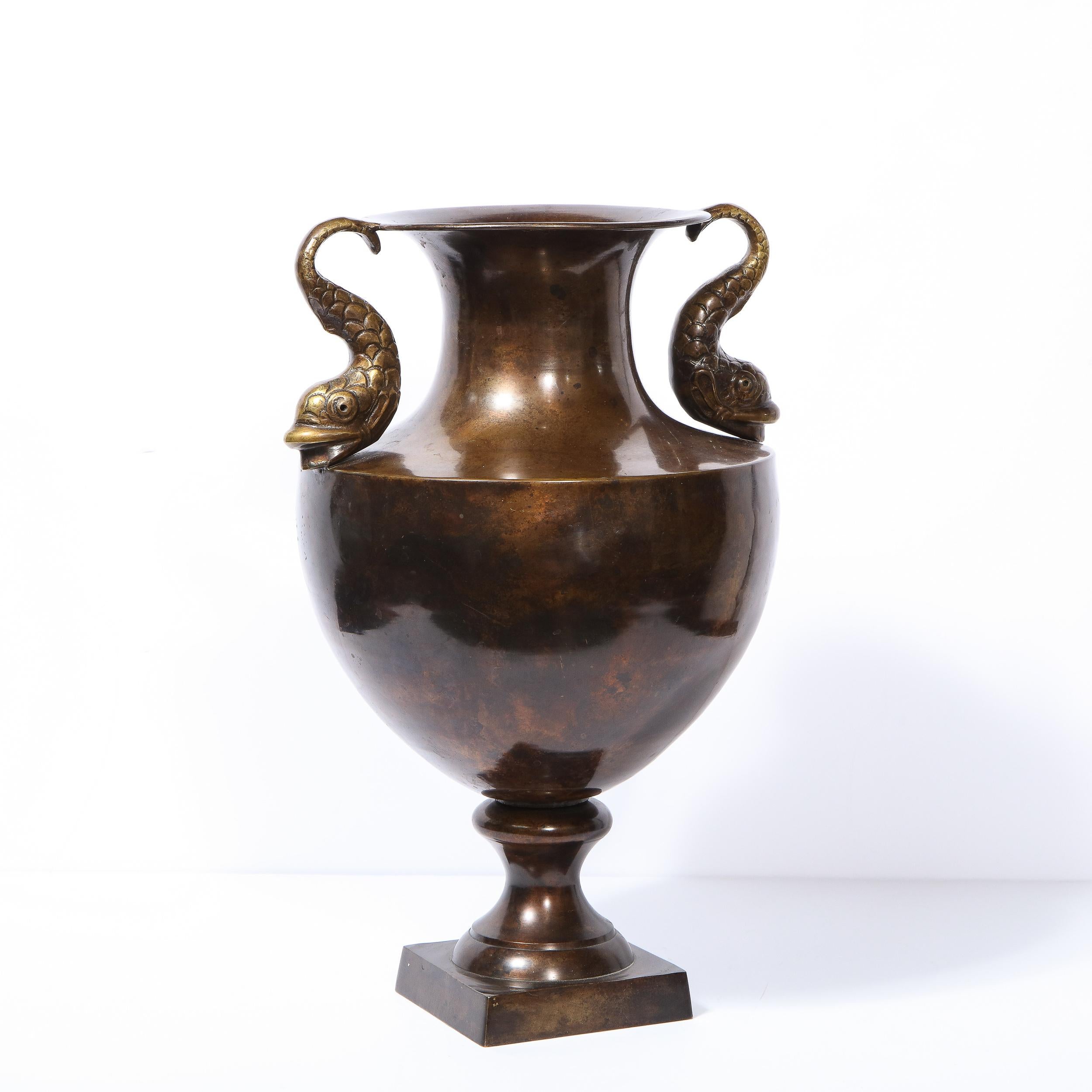 Classical 19th Swedish Urn Form Bronze Vase with Sea Dolphin Handles For Sale 4