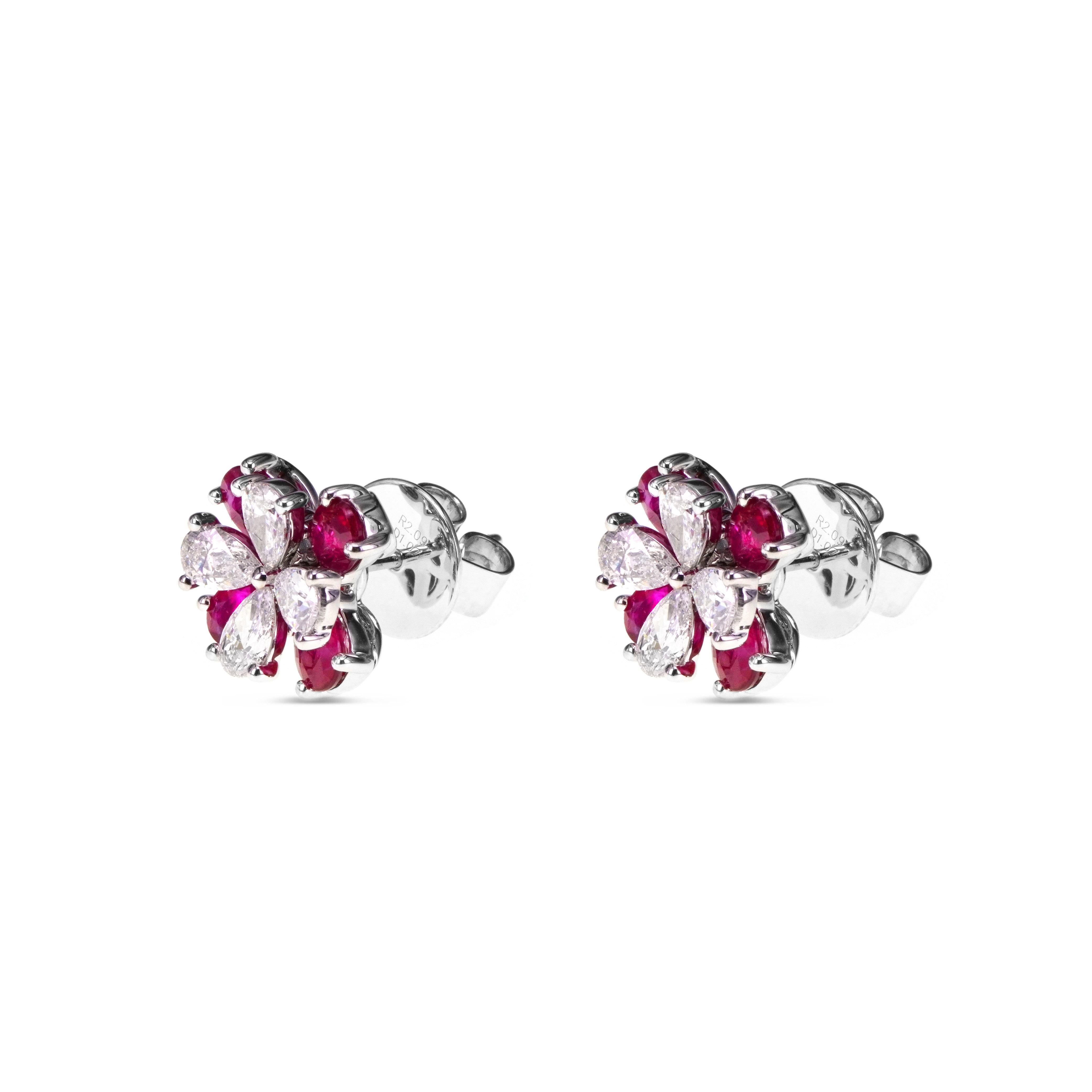 Art Nouveau Classical 2.09 Carat Vivid Red Ruby and 1.07 Carat White Diamond Earring For Sale