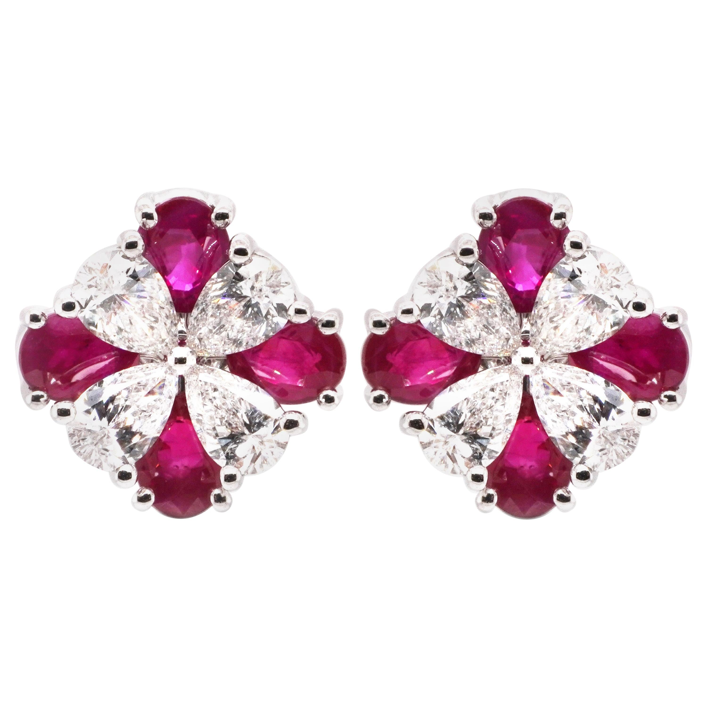 Classical 2.09 Carat Vivid Red Ruby and 1.07 Carat White Diamond Earring For Sale