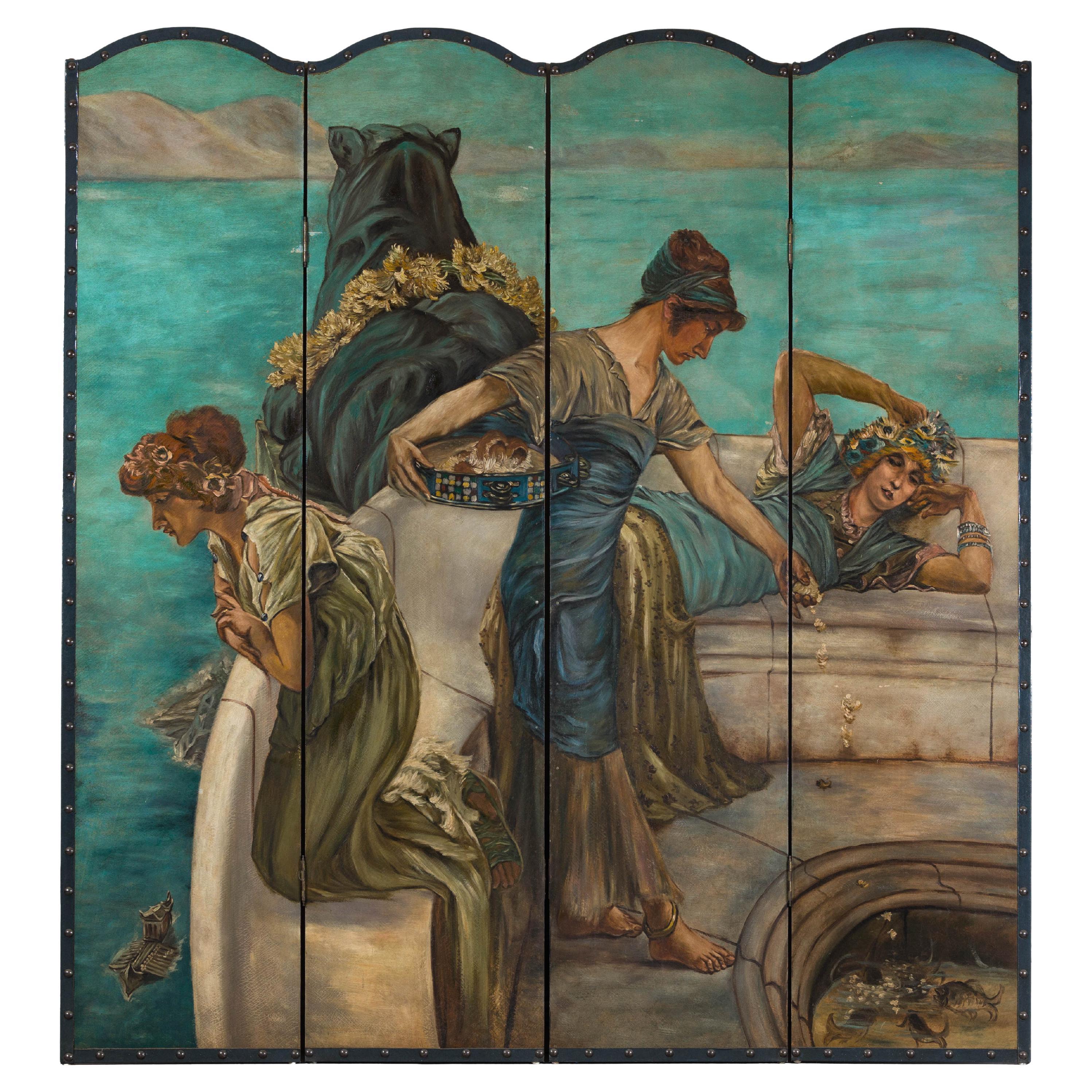 Classical 4-Panel Scalloped Screen with Hand-Painted Maidens and Coastal Scene