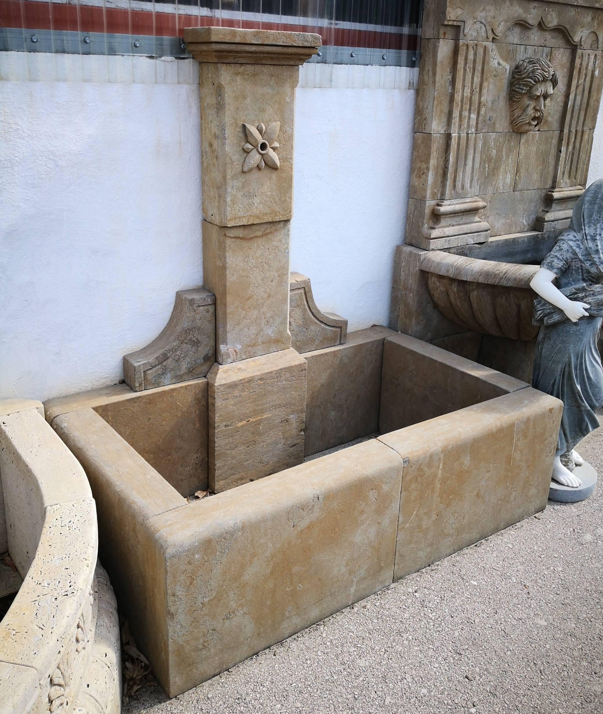 20th Century Classical Aged Stone Wall Fountain with Pool