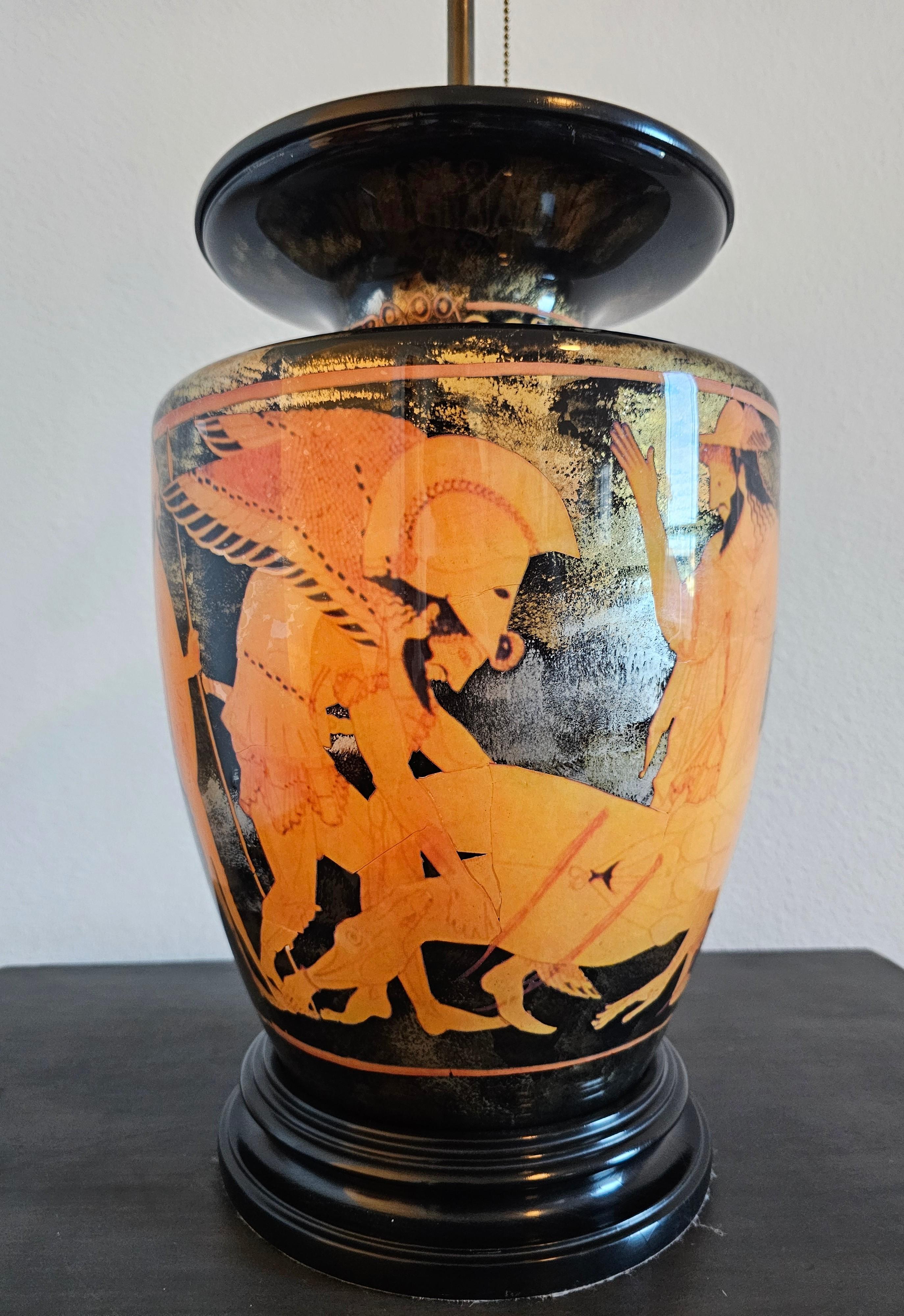 A visually striking large reverse painted neoclassical vasiform table lamp. After the antique by Euphronios (c.535-470 BC), black lacquered ancient Greek red-figure (orange) pottery style vase with splashes of gold and silver gilt, depicting
