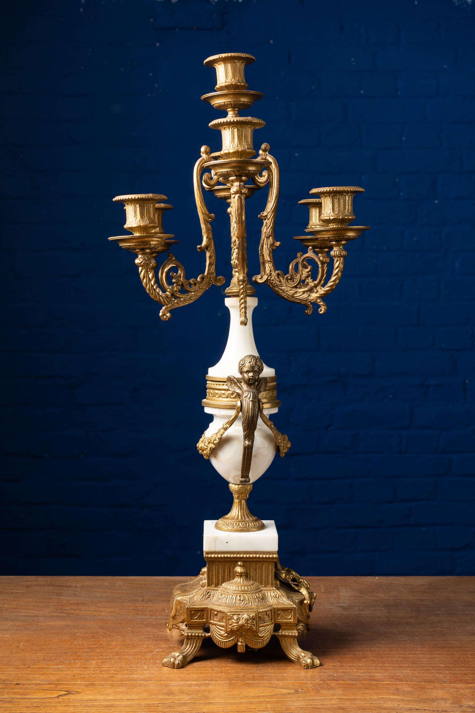 French Classical and Opulent Pair of Rococo Ceramics and Copper Alloy Candleholders