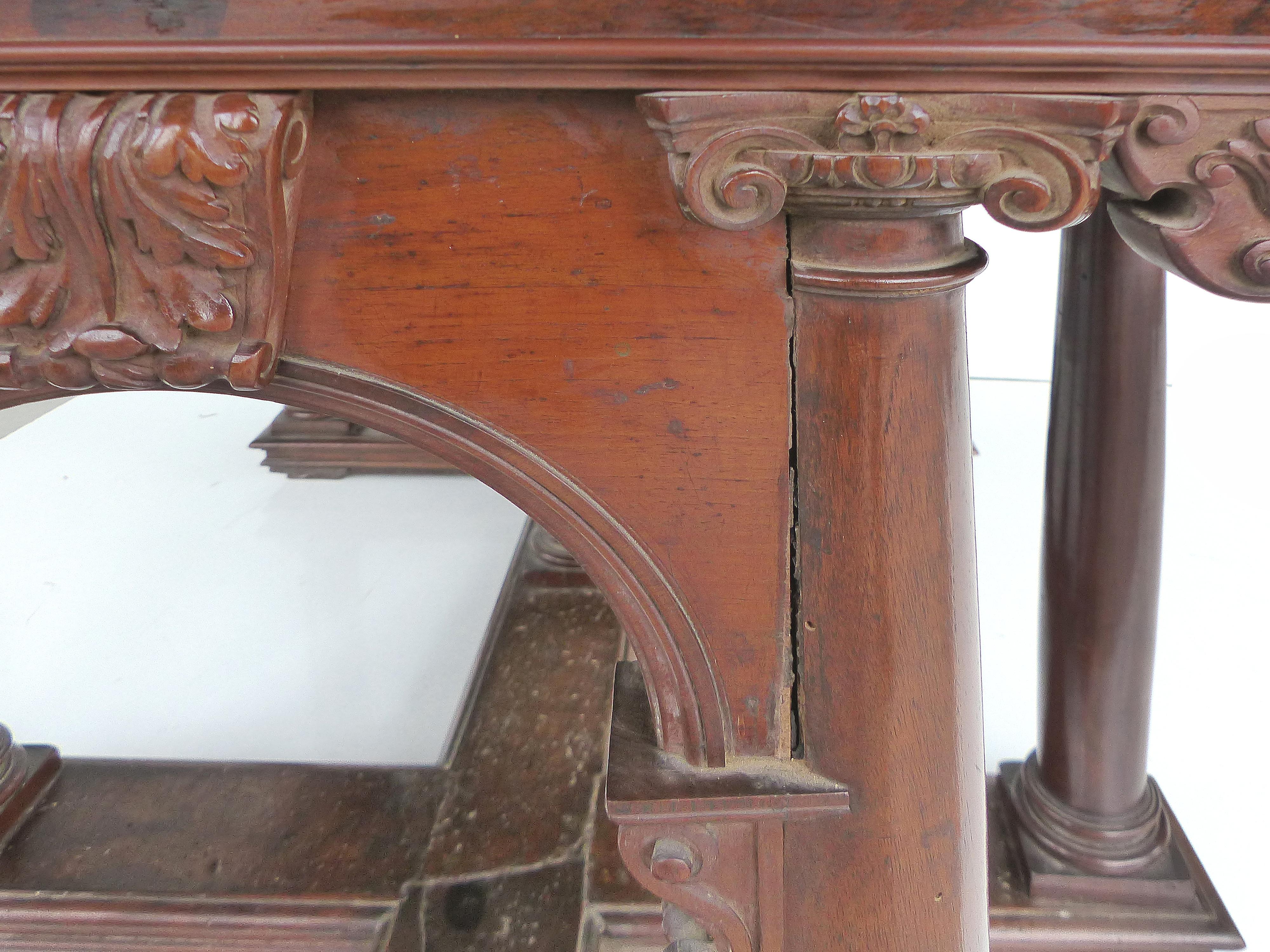 Classical Antique Library Center Table with Ionic Columns In Fair Condition In Miami, FL