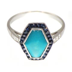 Classical Art Deco Style in Platinum Setting Sapphire Turquoise Cocktail Ring