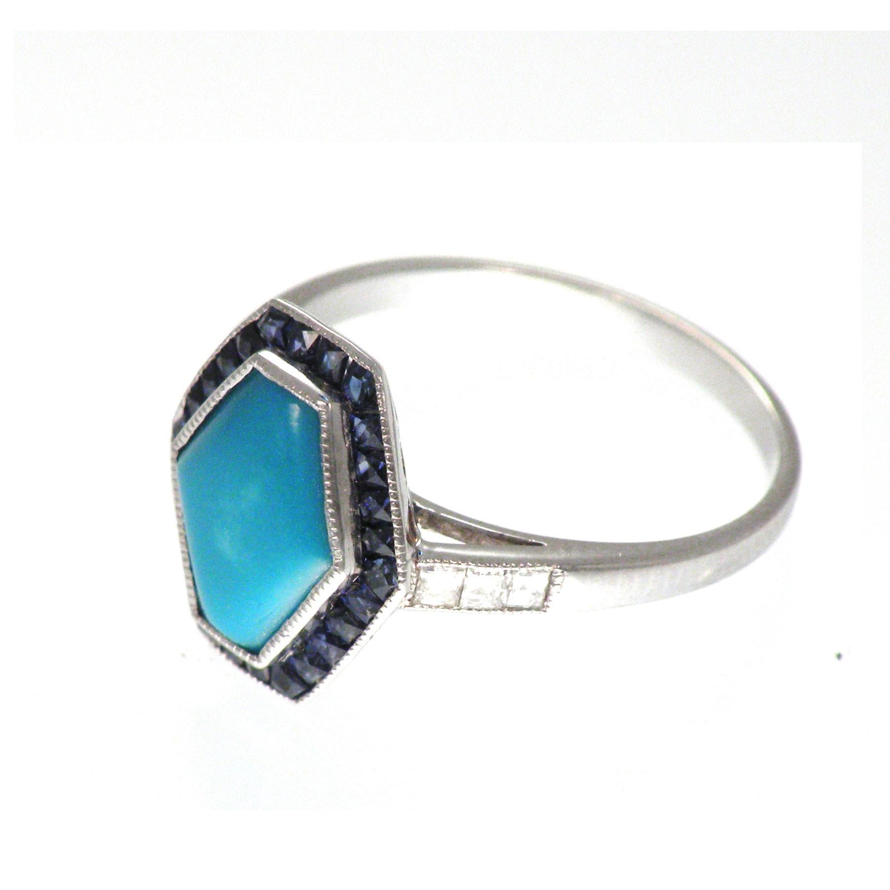 Women's or Men's Classical Art Deco Style in Platinum Setting Sapphire Turquoise Cocktail Ring For Sale