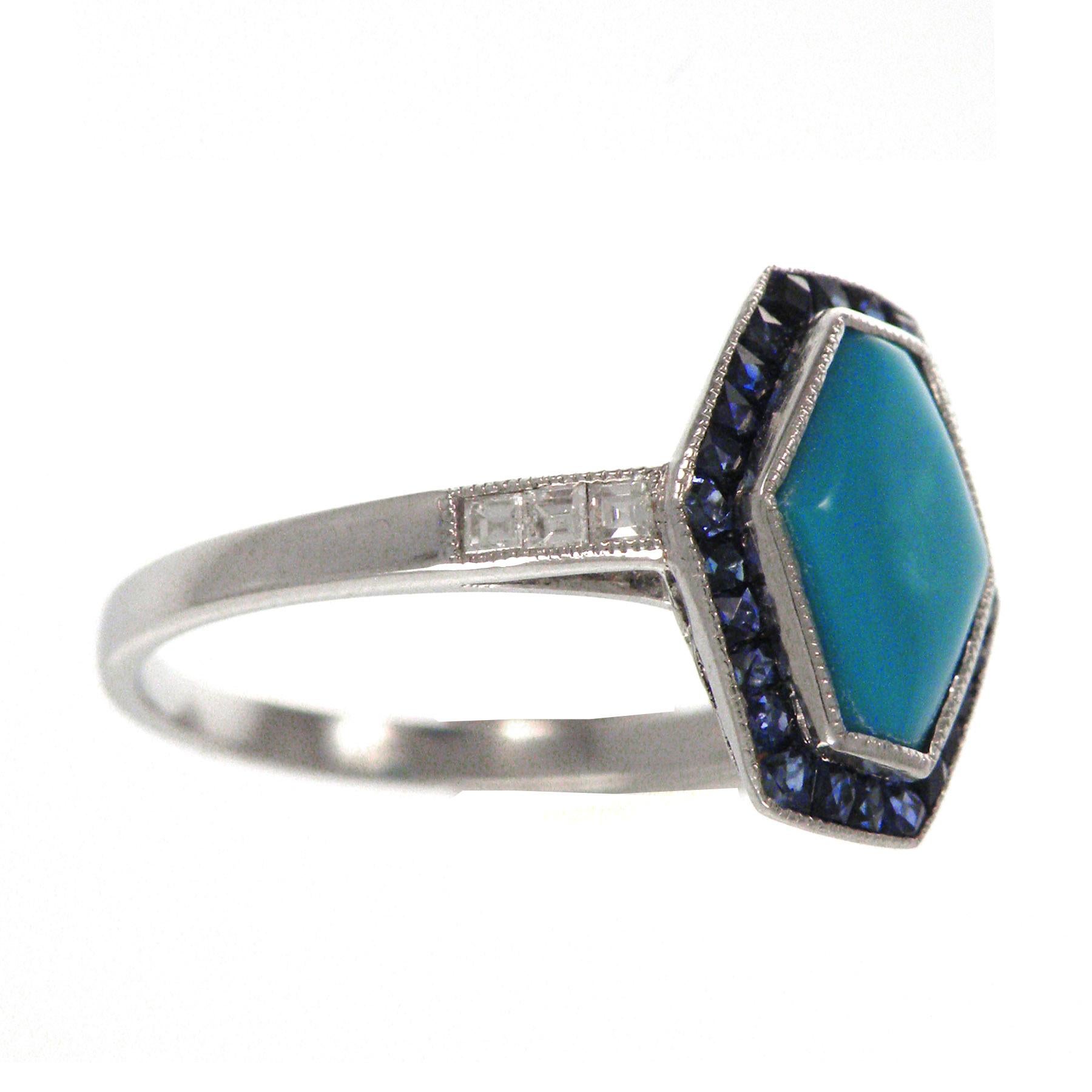 Classical Art Deco Style in Platinum Setting Sapphire Turquoise Cocktail Ring For Sale 1