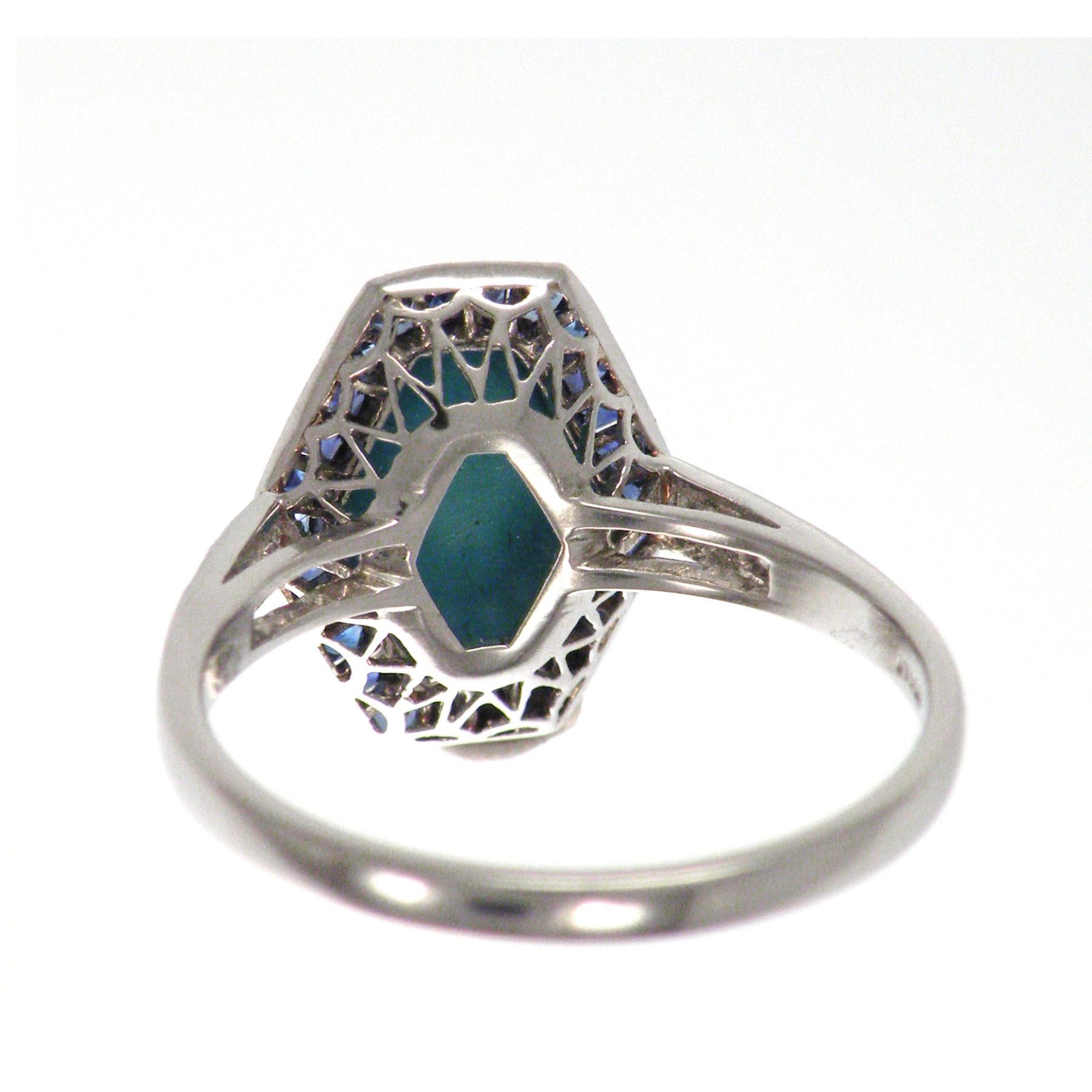 Classical Art Deco Style in Platinum Setting Sapphire Turquoise Cocktail Ring For Sale 2