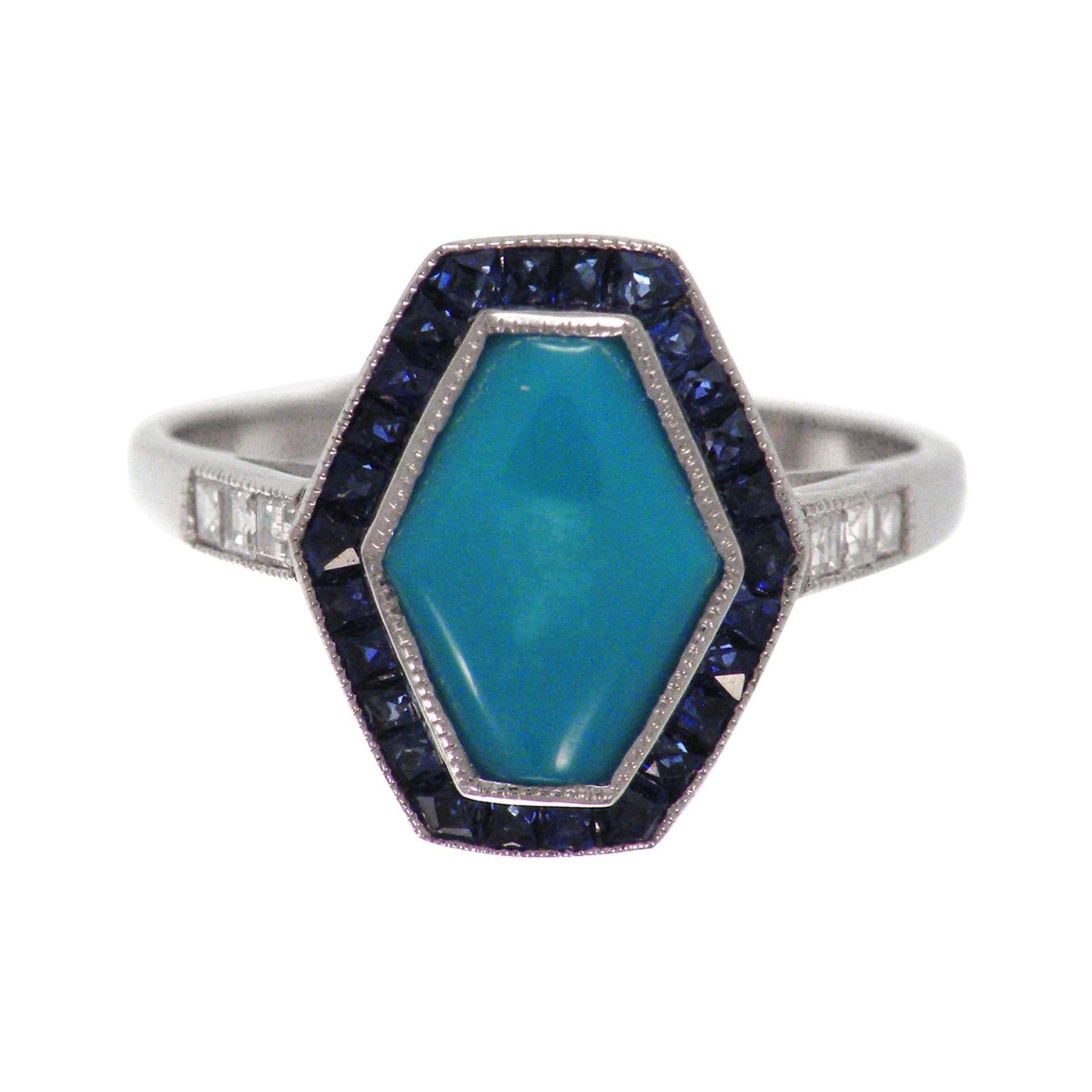 Classical Art Deco Style in Platinum Setting Sapphire Turquoise Cocktail Ring For Sale