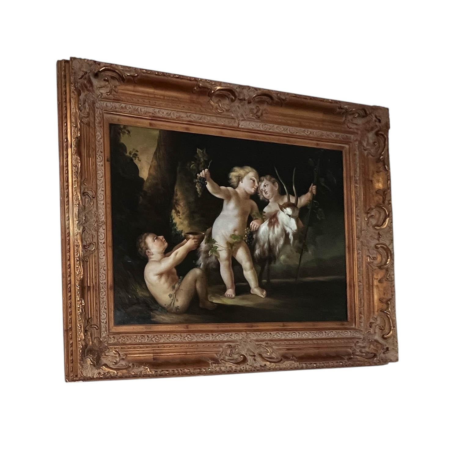 Entrez dans une scène de gaieté classique avec cette peinture à l'huile sur toile, magnifiquement présentée dans un cadre doré profondément sculpté et délicieusement orné. L'œuvre d'art représente une joyeuse fête de Bacchus, avec trois charmants