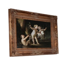 Classical Bacchic Revelry Oil Painting in Ornate Gilded Frame