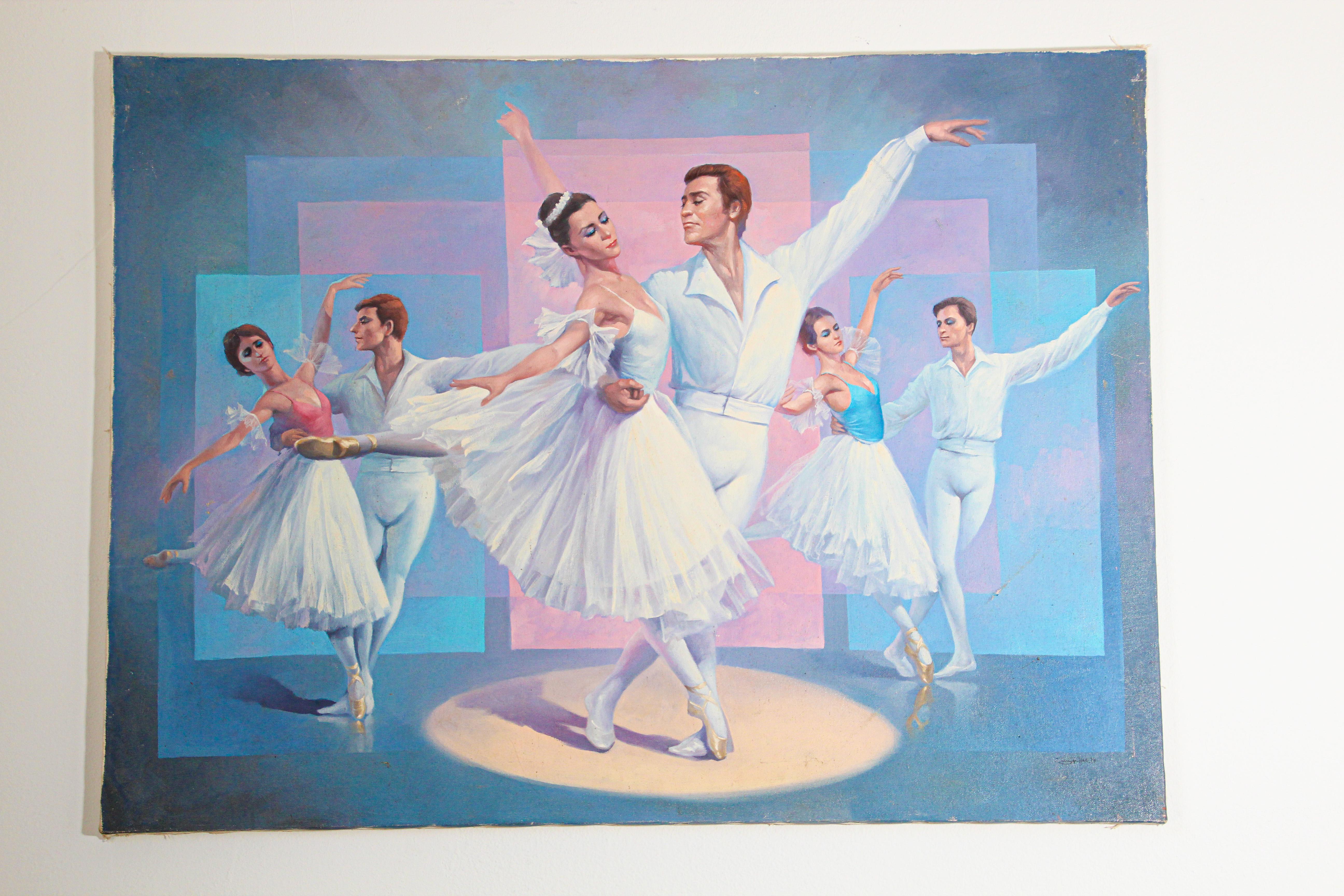 Oil painting on canvas classical ballet dancers.
Russian style classical ballet oil painting.
3 couples of ballerinas and ballet male dancers wearing white costumes and dancing,
Painting is not old, not framed, stretched canvas on wood