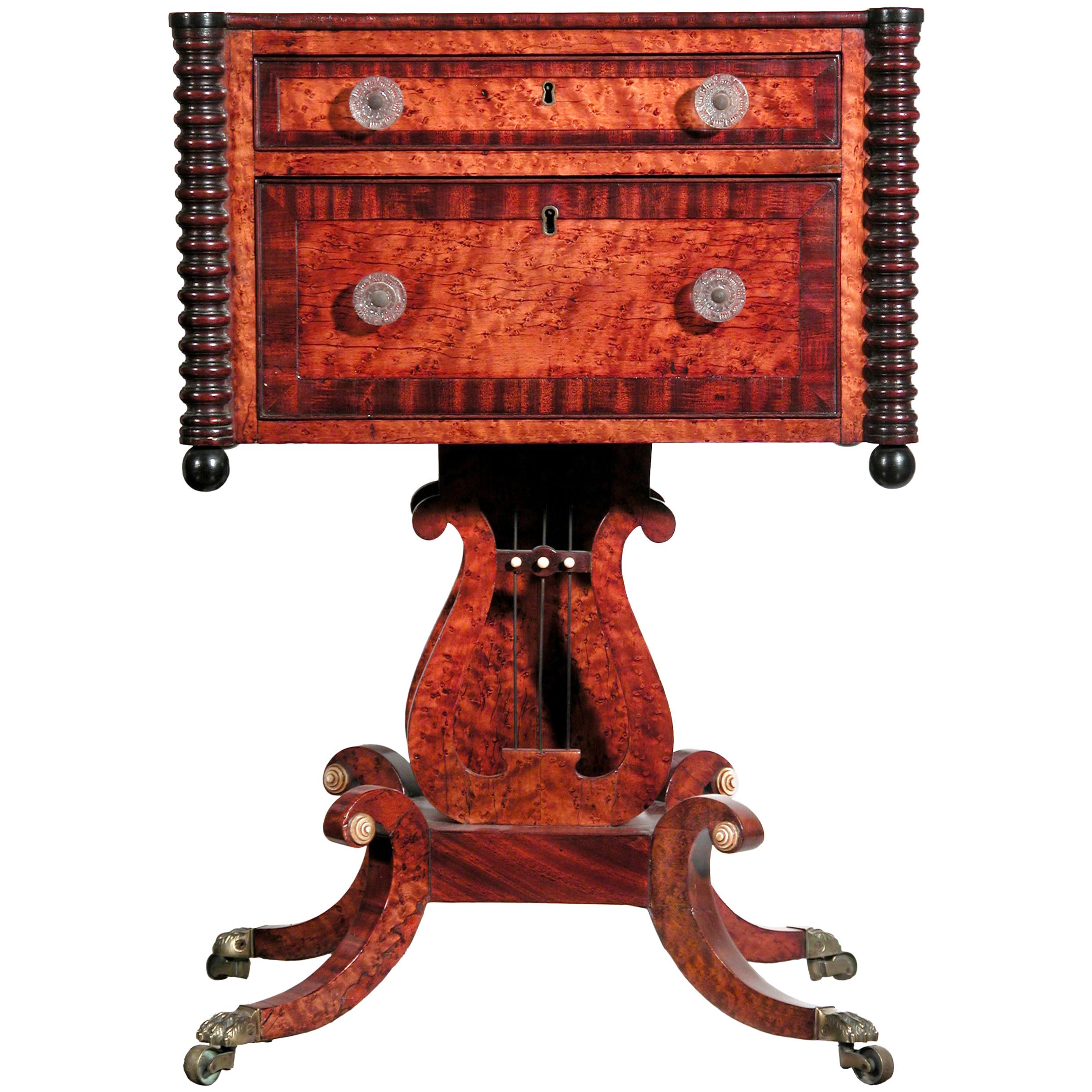 Classical Bird’s-Eye Maple Classical Sewing Table with Carved Lyre and Paw Feet For Sale
