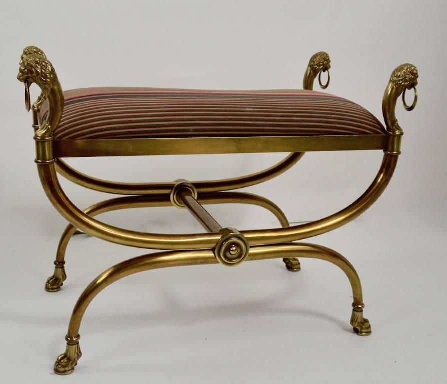 Regency Revival Classical Brass Bench with Lions Head Finials