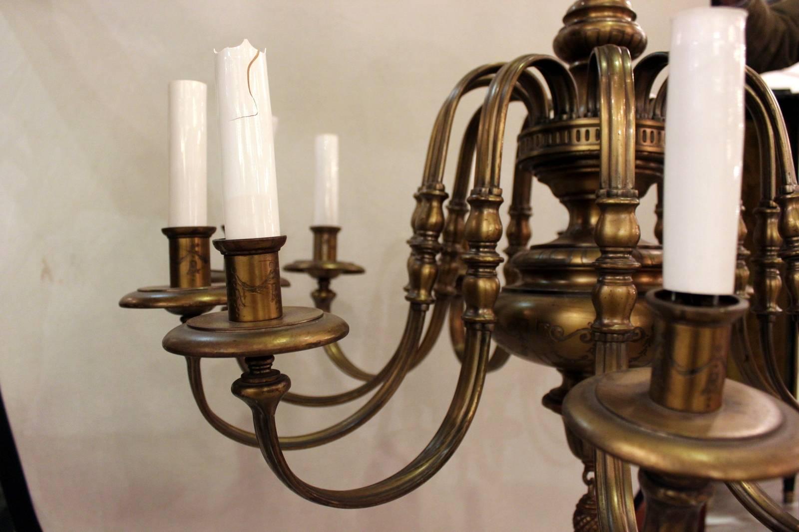 American Classical Classical Brass Twelve-Light Chandelier Style of E.F. Caldwell