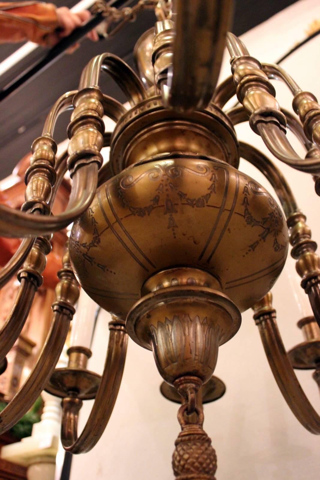 20th Century Classical Brass Twelve-Light Chandelier Style of E.F. Caldwell