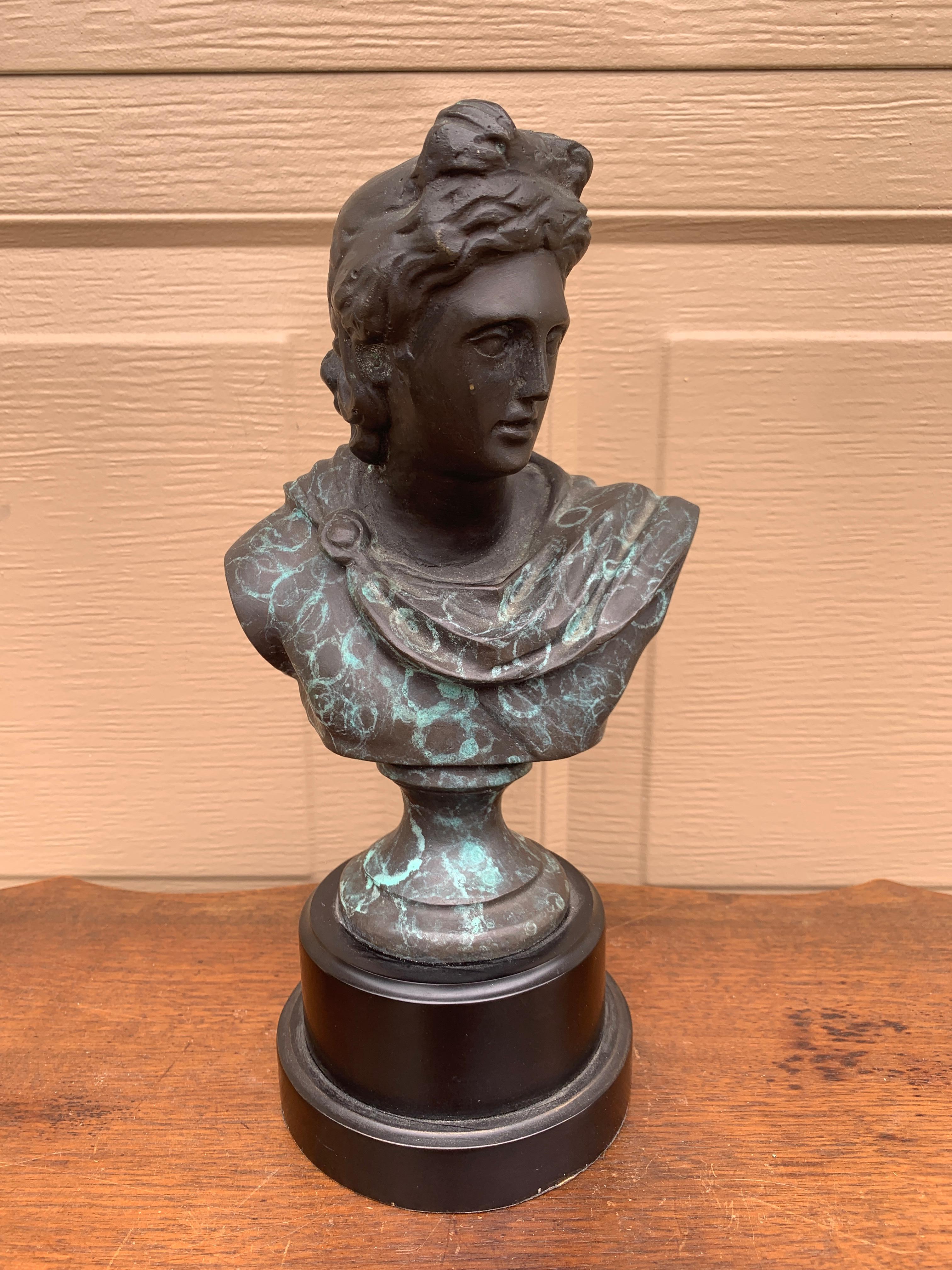 A gorgeous cast brass verdigris Neoclassical Grand Tour style male head bust of the mythological god Apollo Belvedere sculpture

USA, Late 20th Century

Measures: 6.5