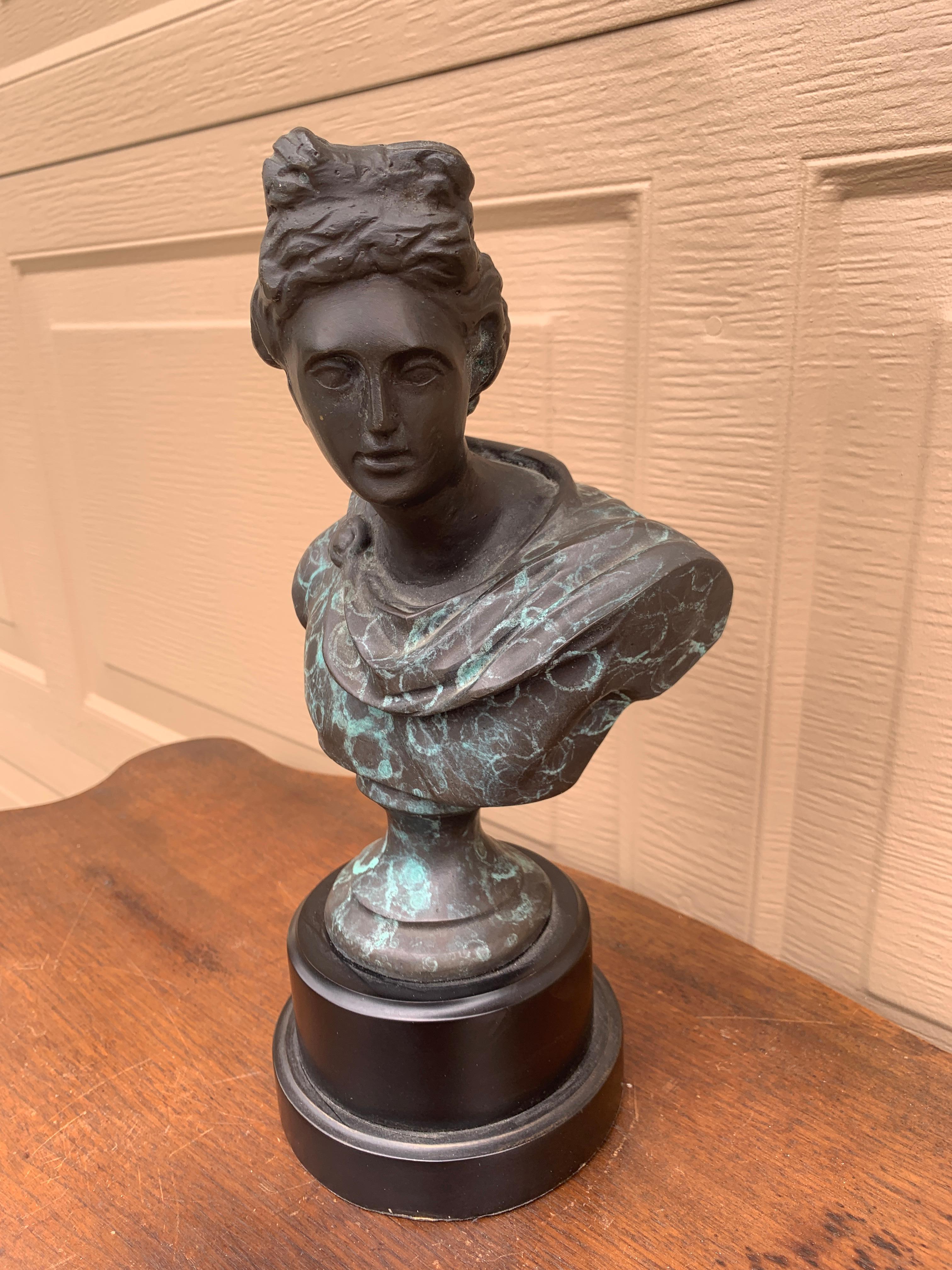 Neoclassical Classical Brass Verdigris Bust of Mythological Apollo Belvedere Sculpture For Sale