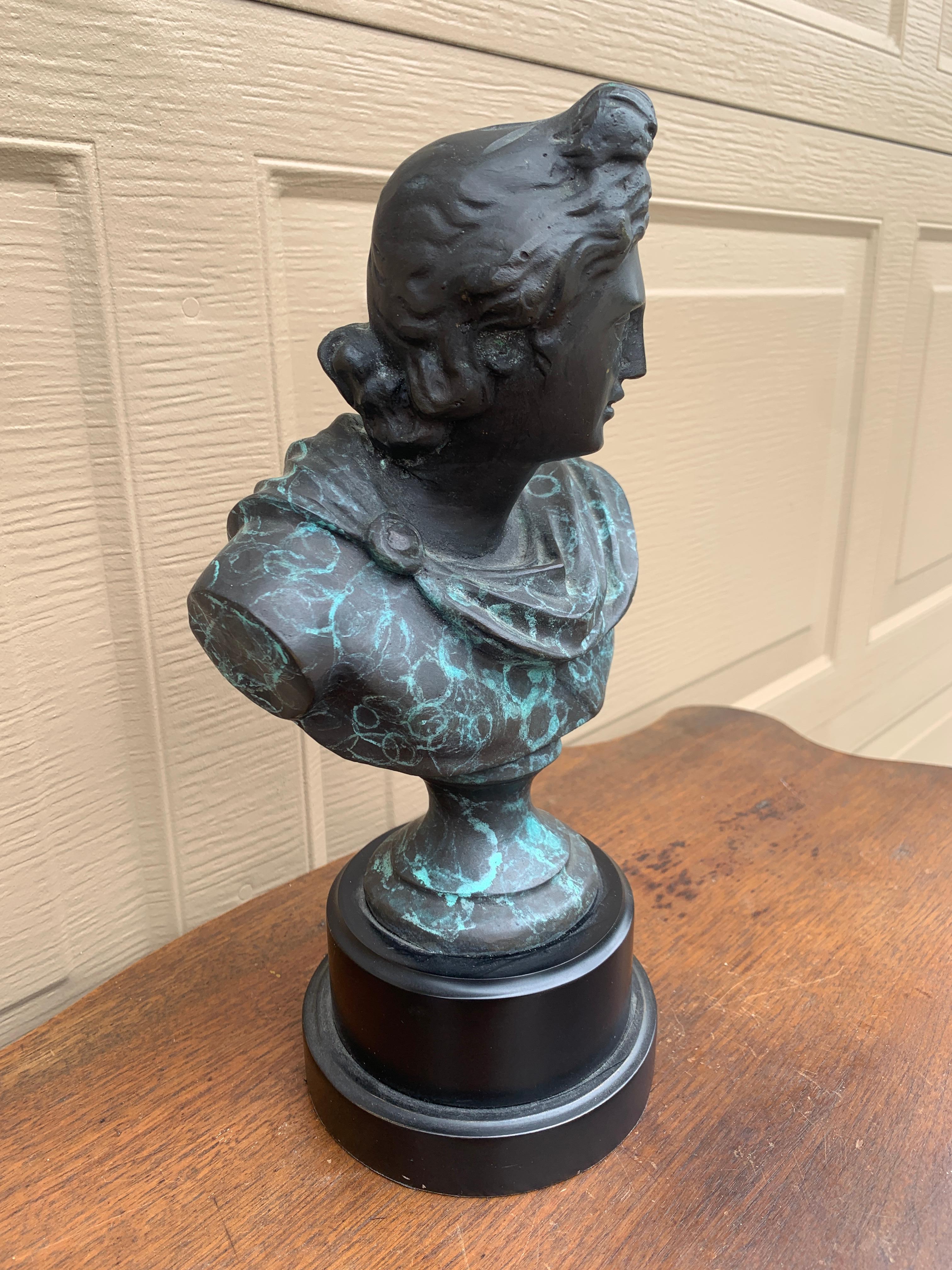 American Classical Brass Verdigris Bust of Mythological Apollo Belvedere Sculpture For Sale
