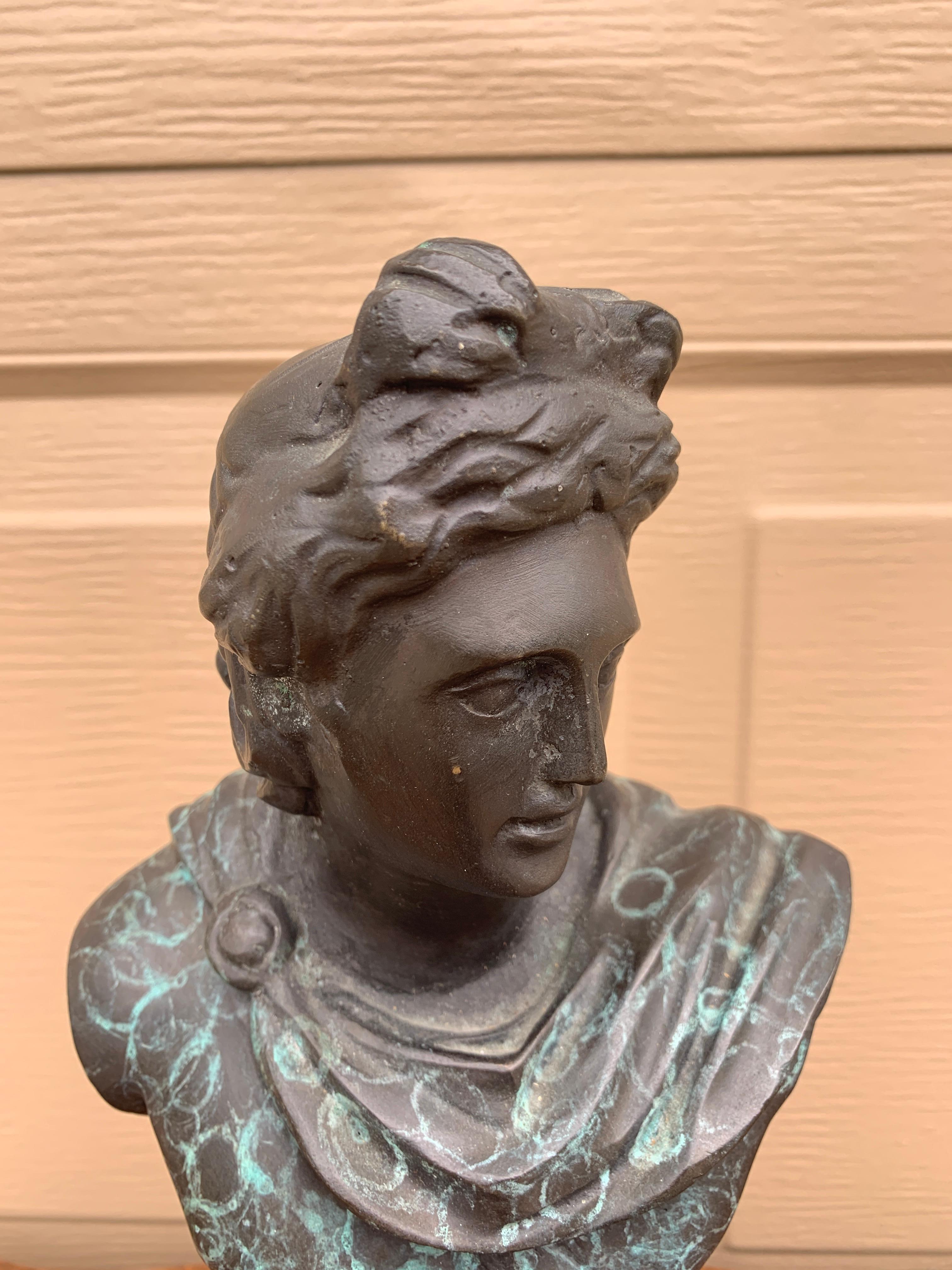 Classical Brass Verdigris Bust of Mythological Apollo Belvedere Sculpture In Good Condition For Sale In Elkhart, IN