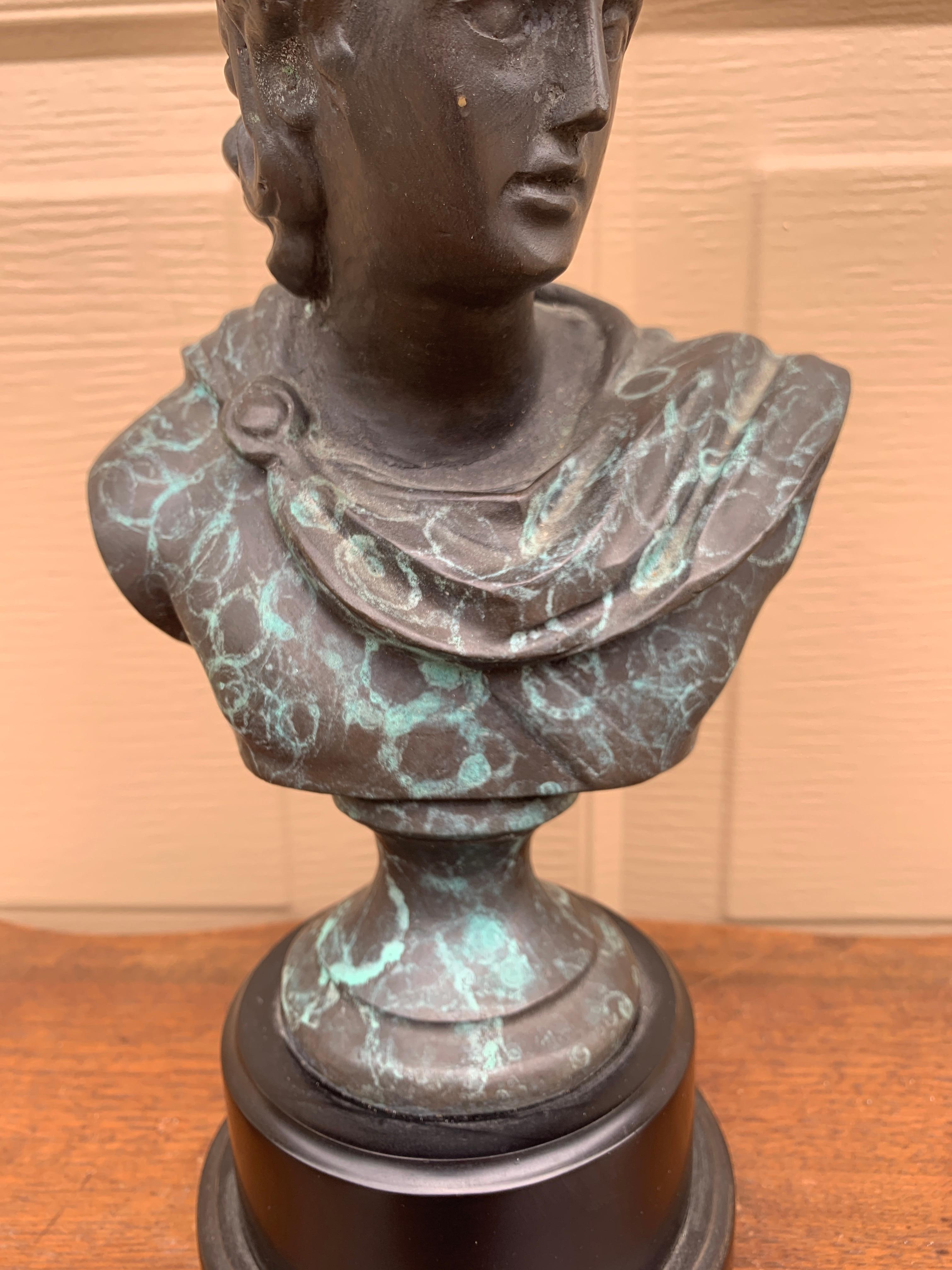 20th Century Classical Brass Verdigris Bust of Mythological Apollo Belvedere Sculpture For Sale