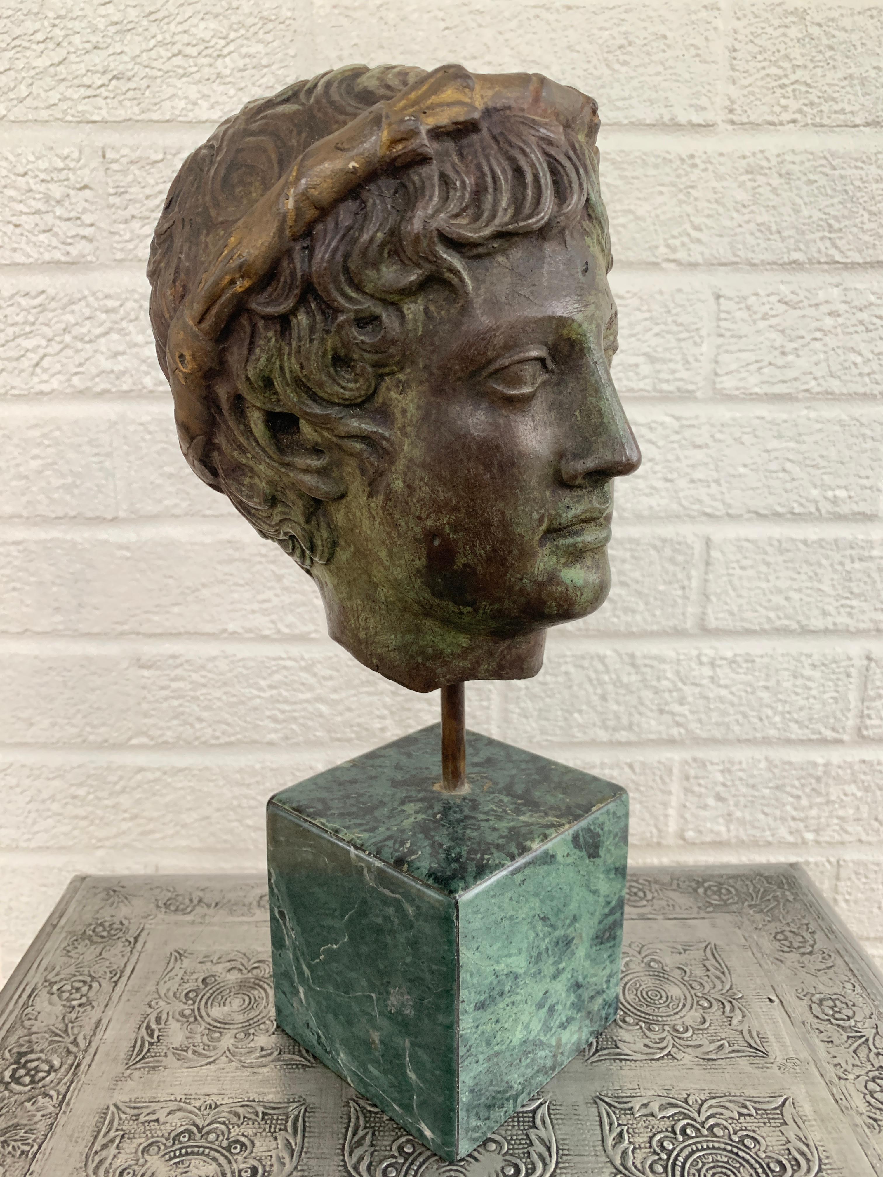 Classical Brass Verdigris Mythological Male Bust Sculpture on Marble Base 4
