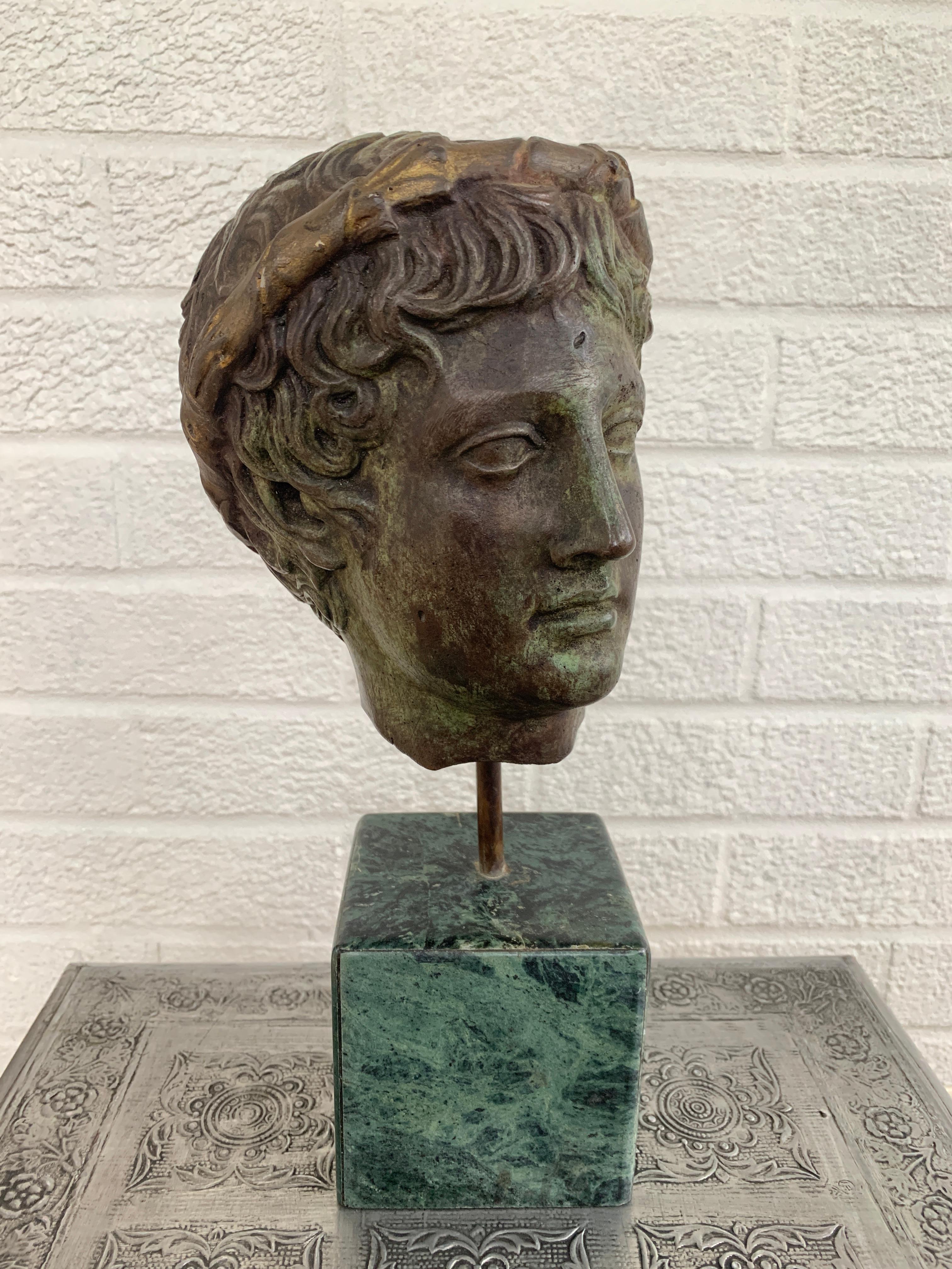 Classical Brass Verdigris Mythological Male Bust Sculpture on Marble Base 5